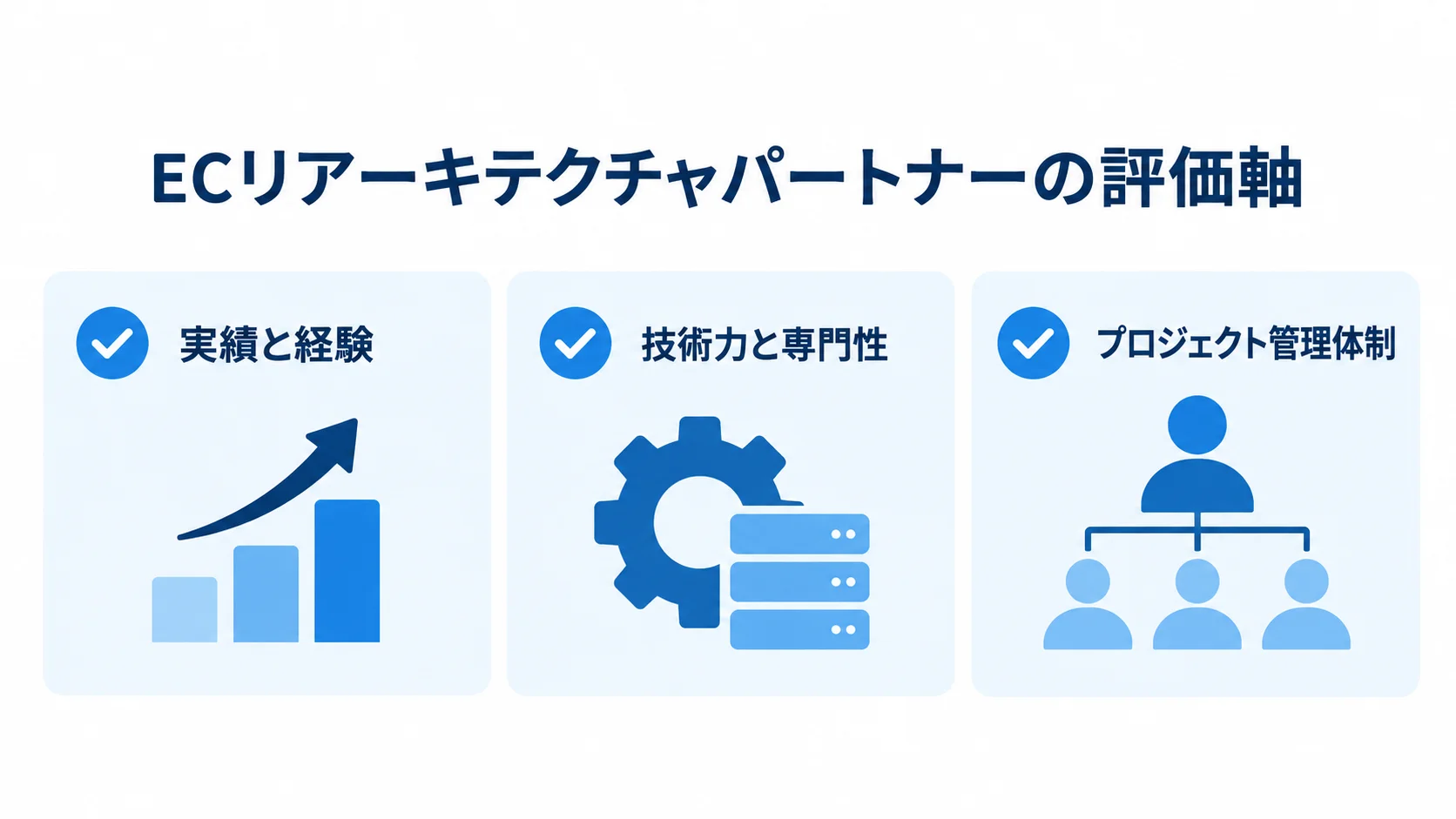 パートナー選定で確認する実績と経験、技術力と専門性、プロジェクト管理体制の3項目を示す図解。