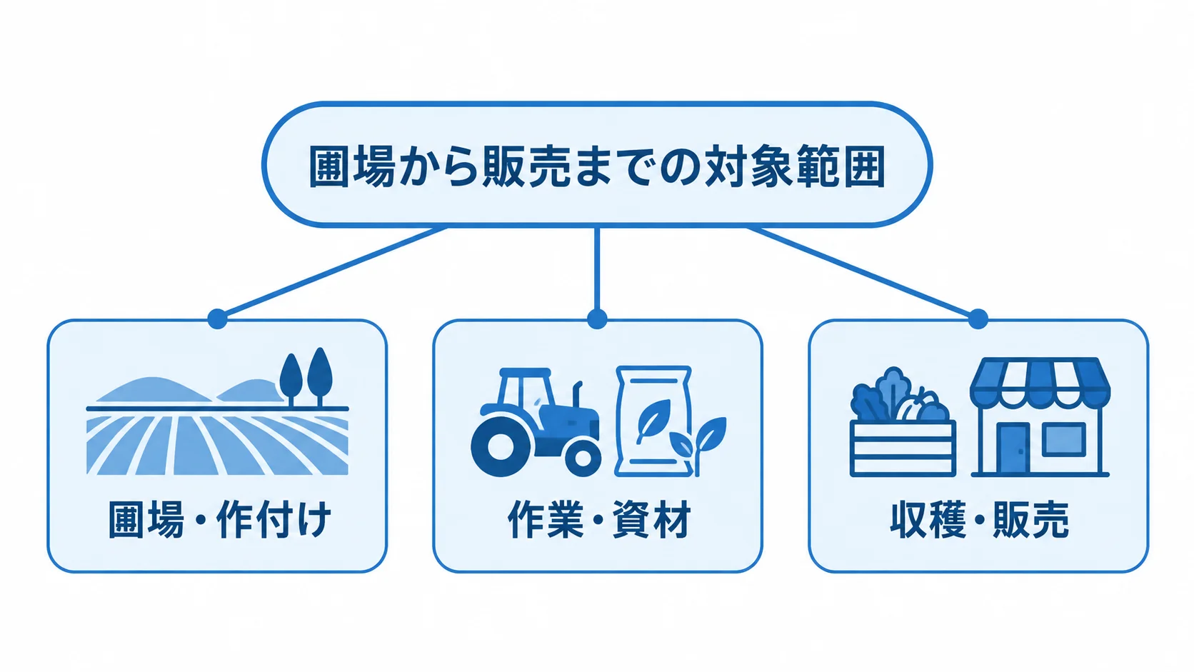 圃場から販売までの対象範囲を、圃場・作付け、作業・資材、収穫・販売に分けた図解。
