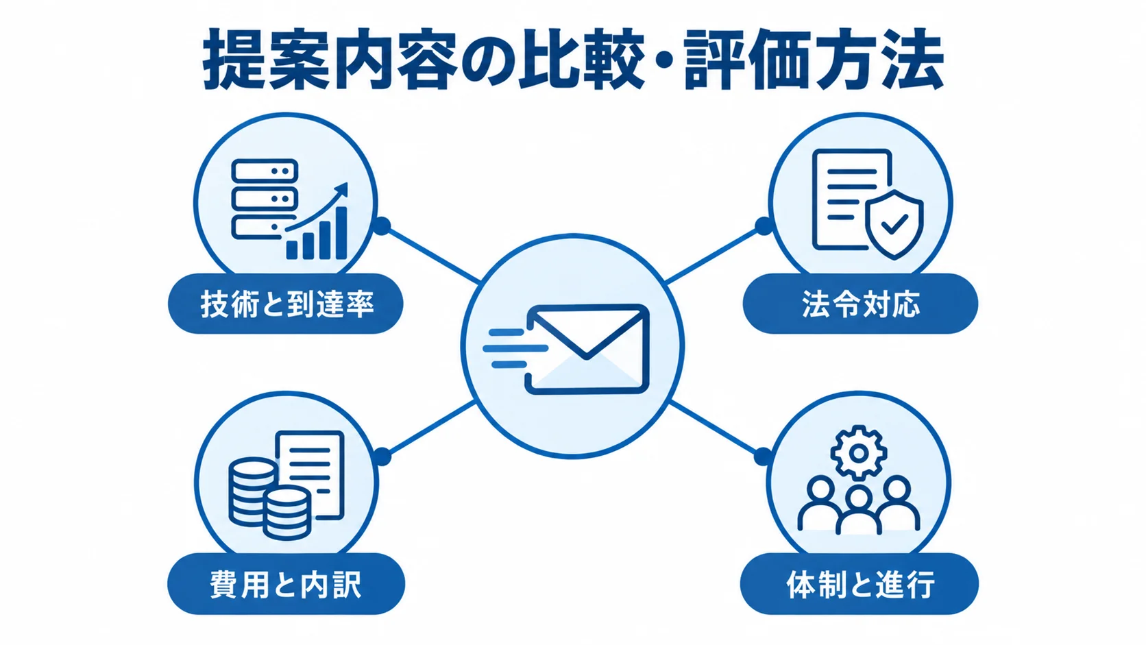 開発会社の提案を比べる4つの評価観点 提案内容の比較・評価方法として、技術と到達率、法令対応、費用と内訳、体制と進行を示す図。
