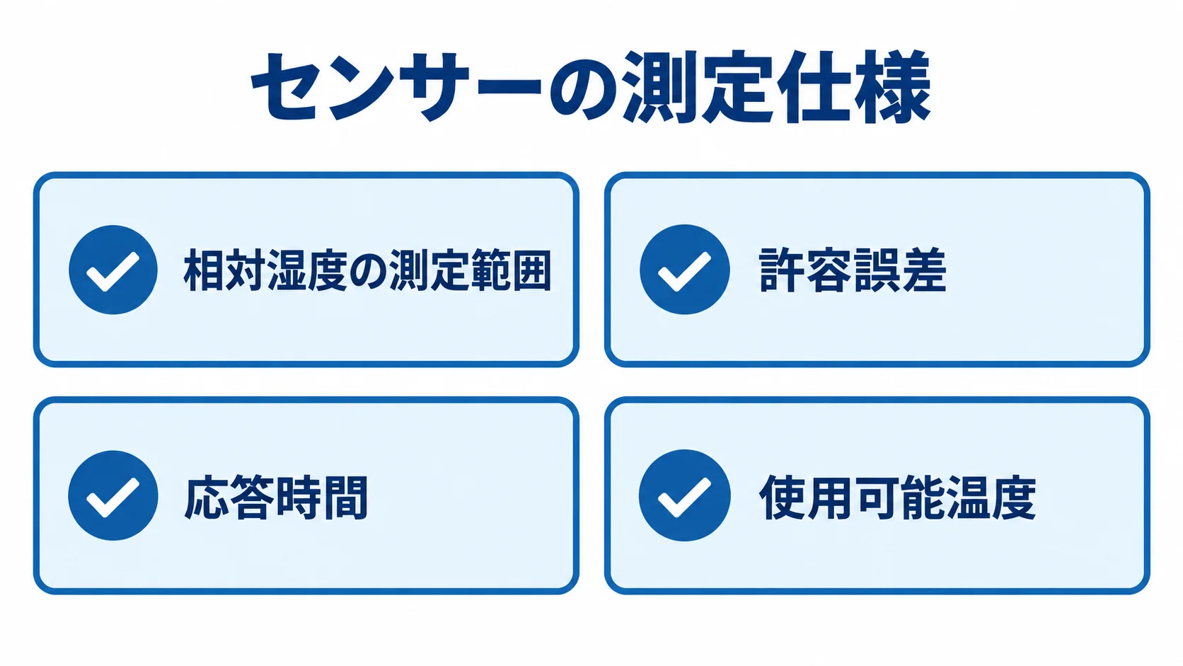 センサー選定で確認する測定仕様 センサーの測定仕様として測定範囲、許容誤差、応答時間、使用可能温度を並べた図