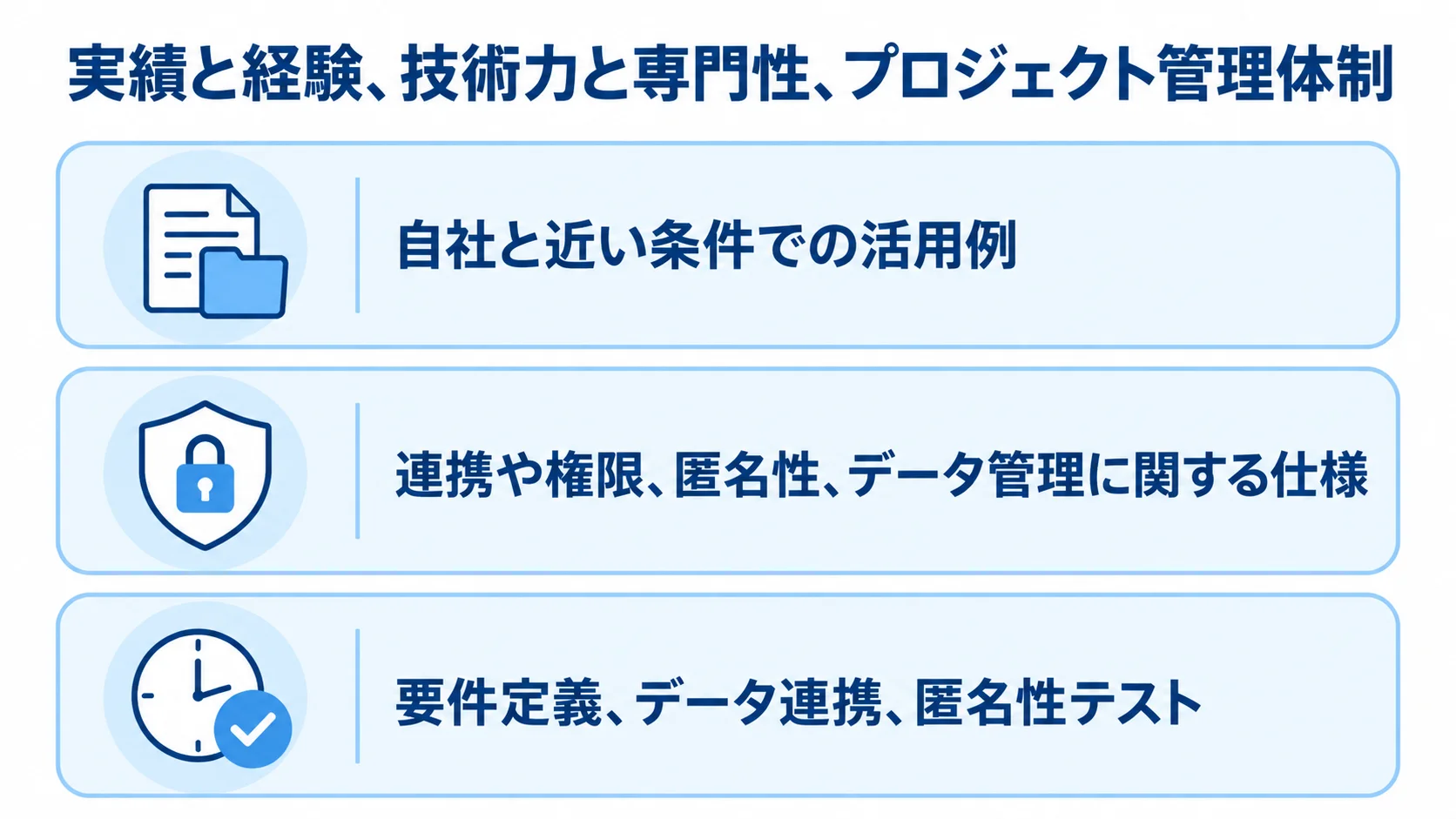 実績と経験、技術力と専門性、プロジェクト管理体制の3観点と、それぞれの確認内容を示した図解。