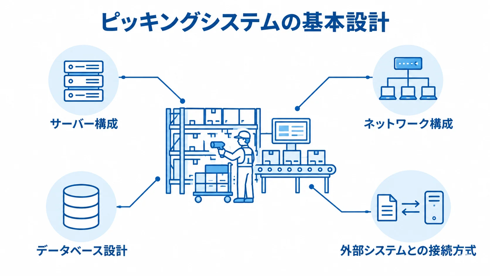 ピッキングシステムの基本設計で決める構成要素 ピッキングシステムを中心に、サーバー構成、ネットワーク構成、データベース設計、外部システムとの接続方式を示す図解。