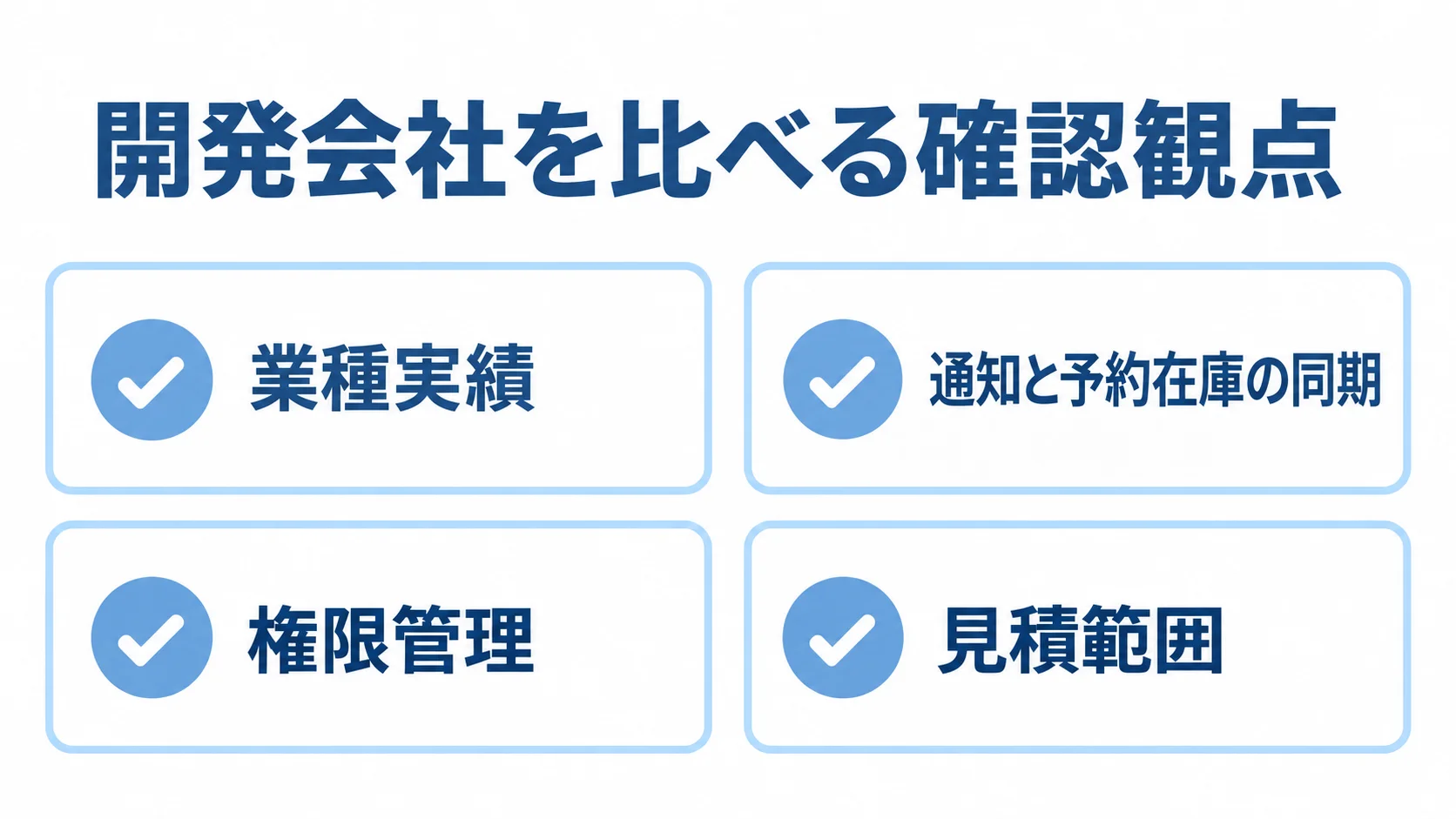 開発会社を比べる確認観点 業種実績、通知と予約在庫の同期、権限管理、見積範囲を確認するチェックリスト。
