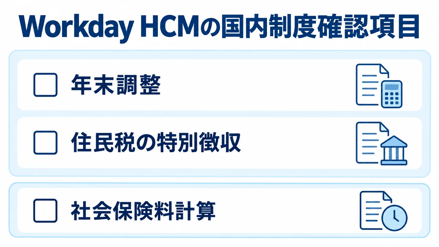 Workday HCMの国内制度確認項目として、年末調整、住民税の特別徴収、社会保険料計算を並べた図。
