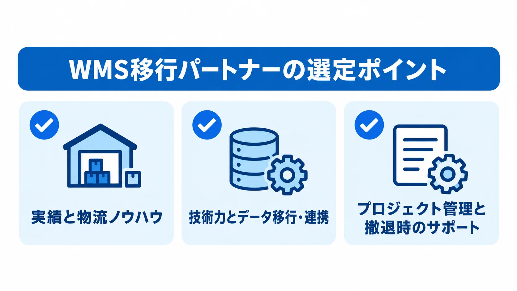 WMS移行パートナーを比べる3つの観点 WMS移行パートナーの実績、技術力、プロジェクト管理を確認する3項目の図