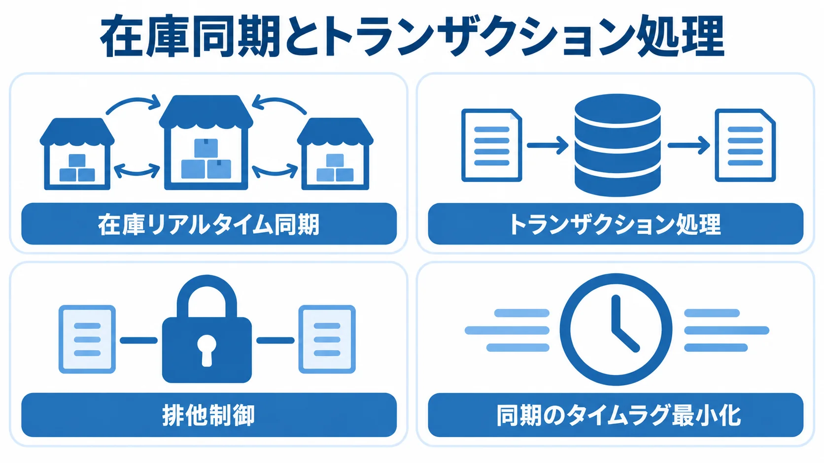 OTA・サイトコントローラーとの在庫同期と予約処理 在庫同期とトランザクション処理を、在庫リアルタイム同期、排他制御、同期のタイムラグ最小化とともに示した図。