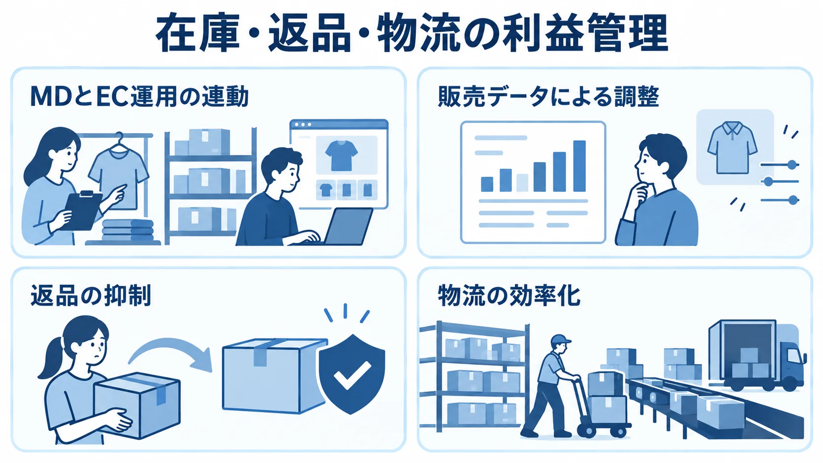 在庫・返品・物流を管理する4つの観点 在庫、販売データ、返品、物流の管理項目を4つのパネルに整理した図解