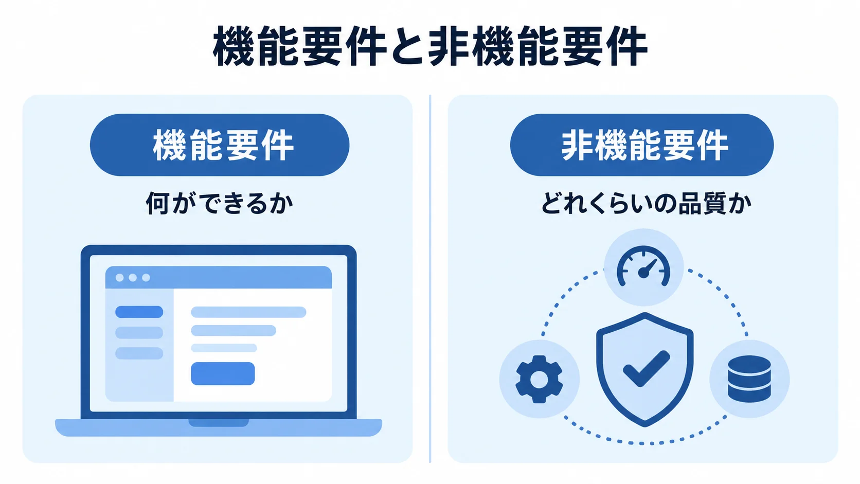 機能要件と非機能要件の違いを示す図解 機能要件の「何ができるか」と非機能要件の「どれくらいの品質か」を左右に対比した図解。