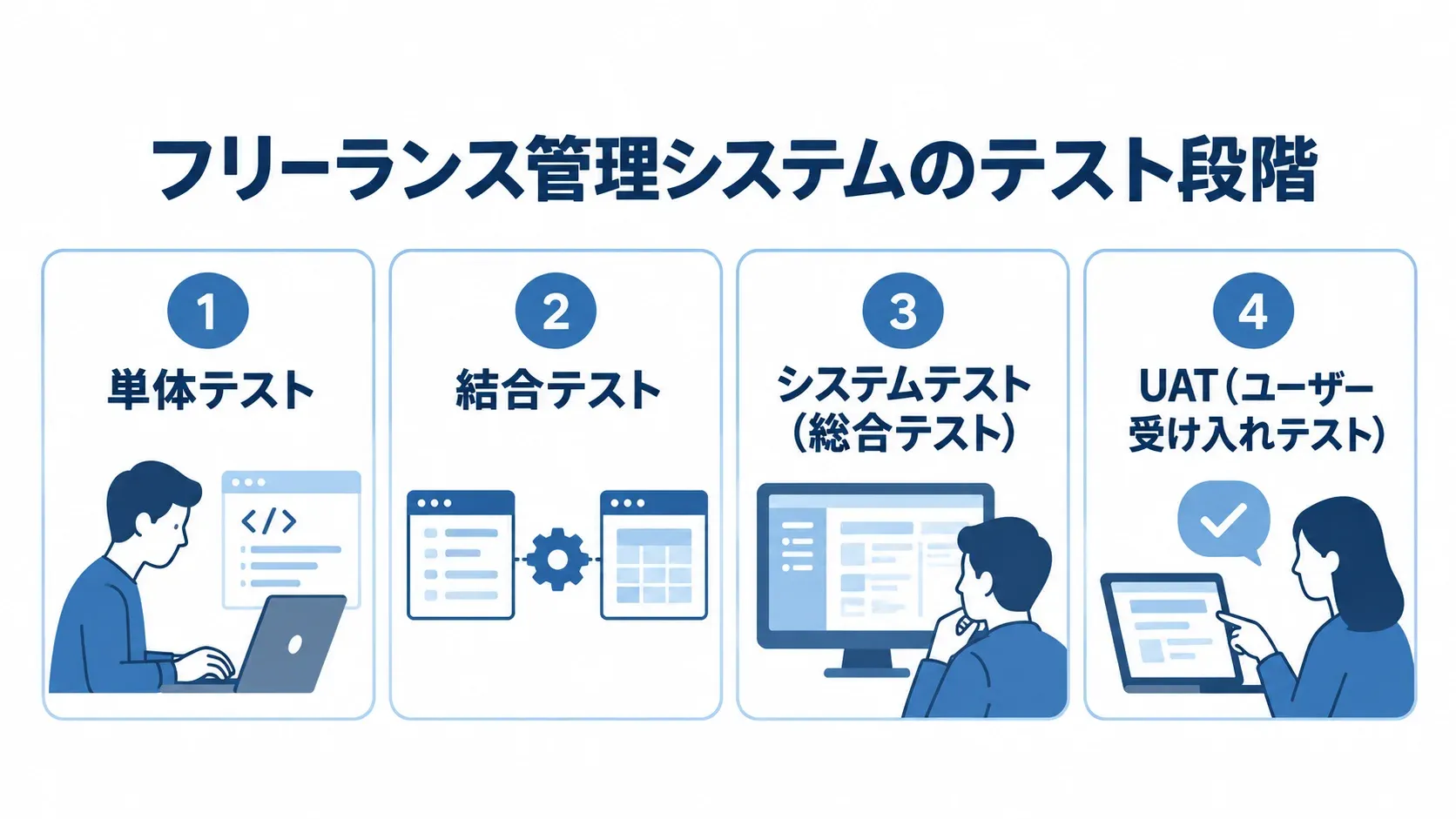 フリーランス管理システムのテスト4段階 単体テスト、結合テスト、システムテスト、UATの4段階を並べた図