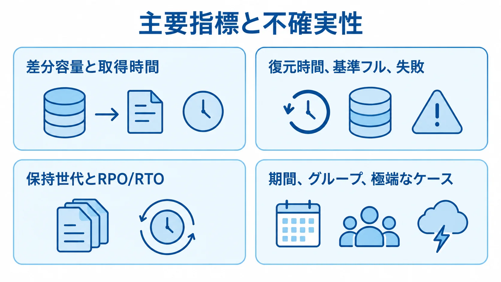 差分容量、取得時間、復元時間、失敗、保持世代、RPO/RTOやグループ別診断を並べた評価項目の図。