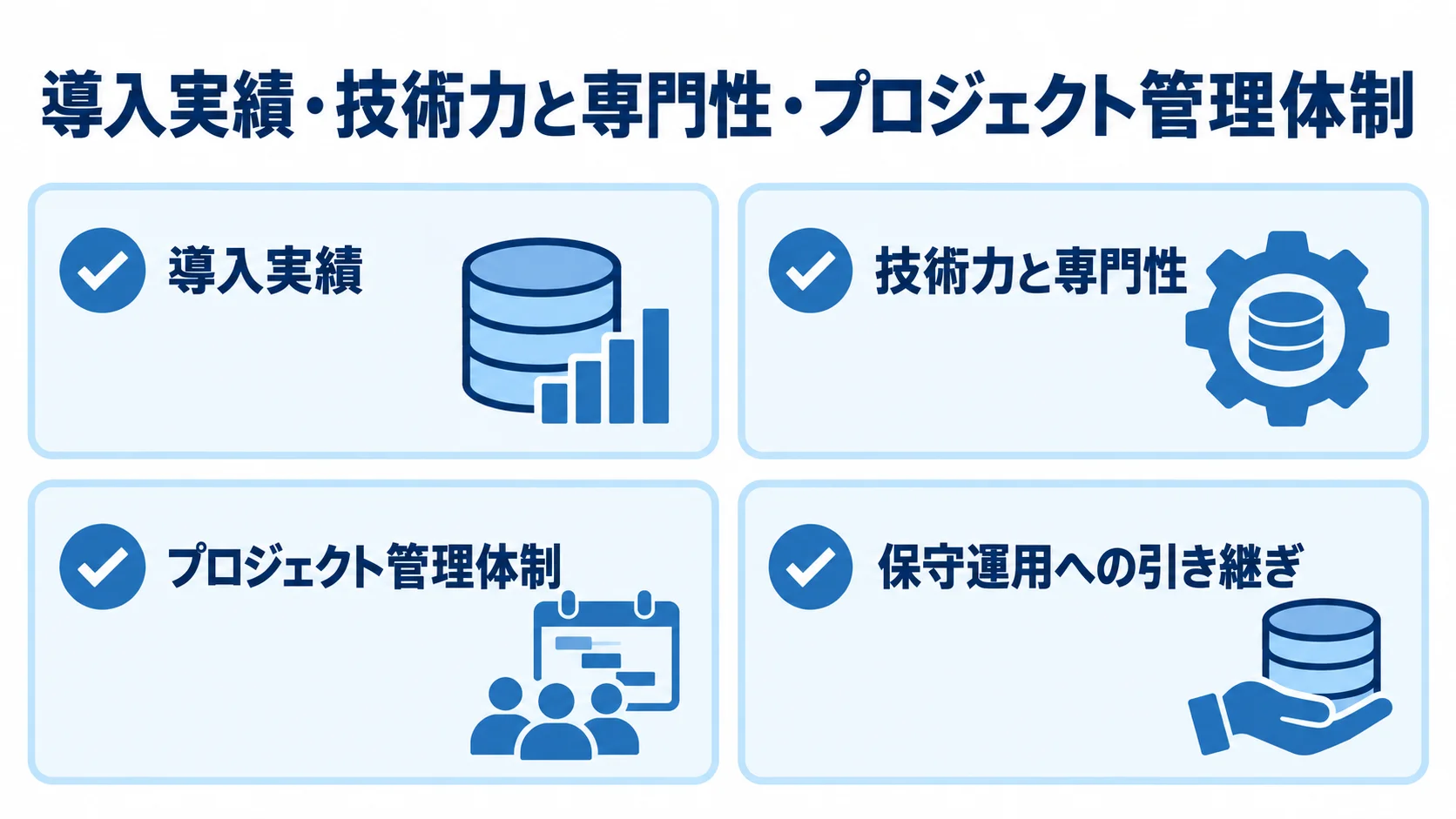 PostgreSQL導入パートナーの選定時に確認する、導入実績、技術力と専門性、プロジェクト管理体制、保守運用への引き継ぎを示すチェックリスト。
