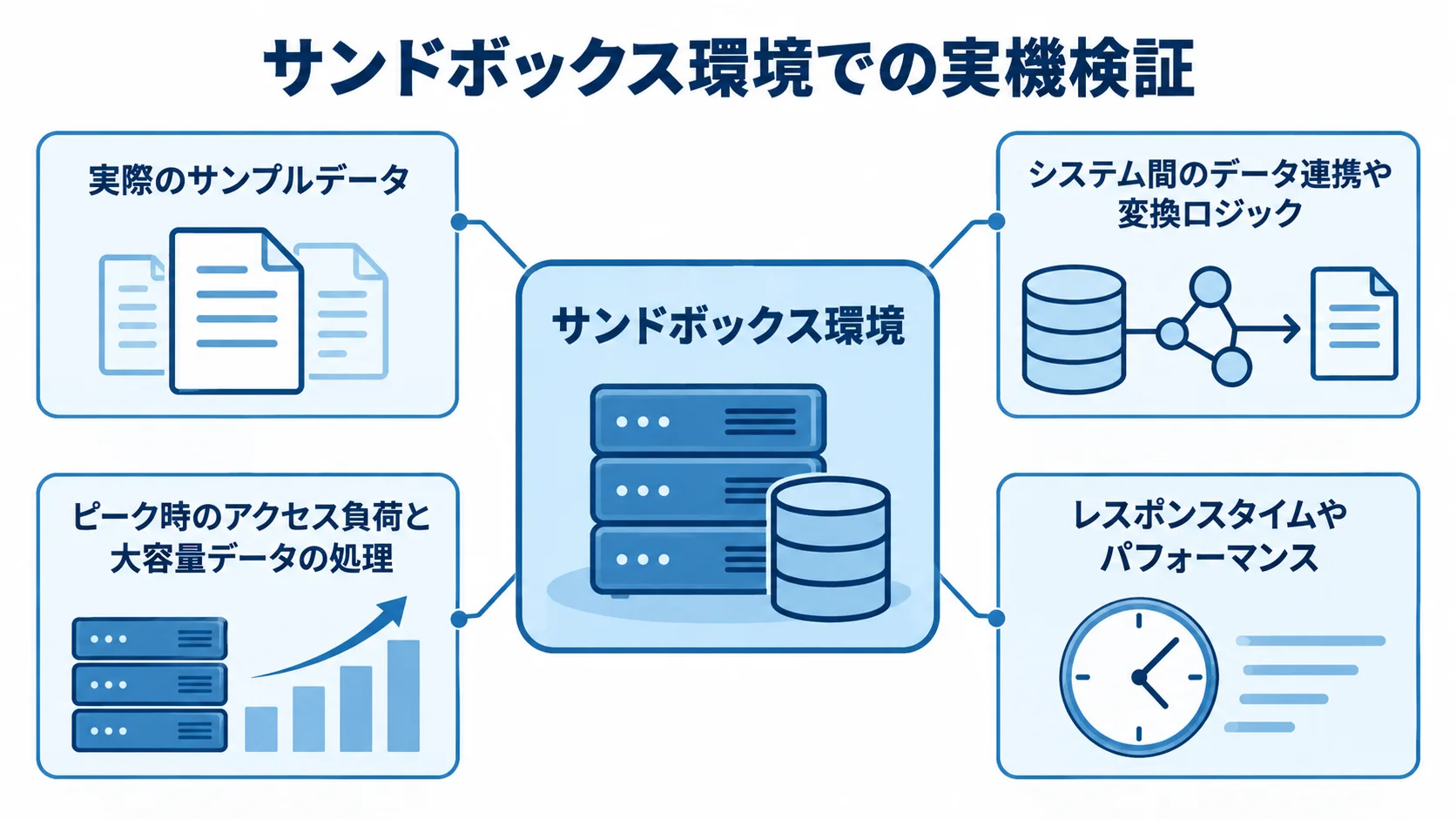 サンドボックス環境を中心に、サンプルデータ、データ連携、ピーク負荷、レスポンスタイムの検証観点を示す図。