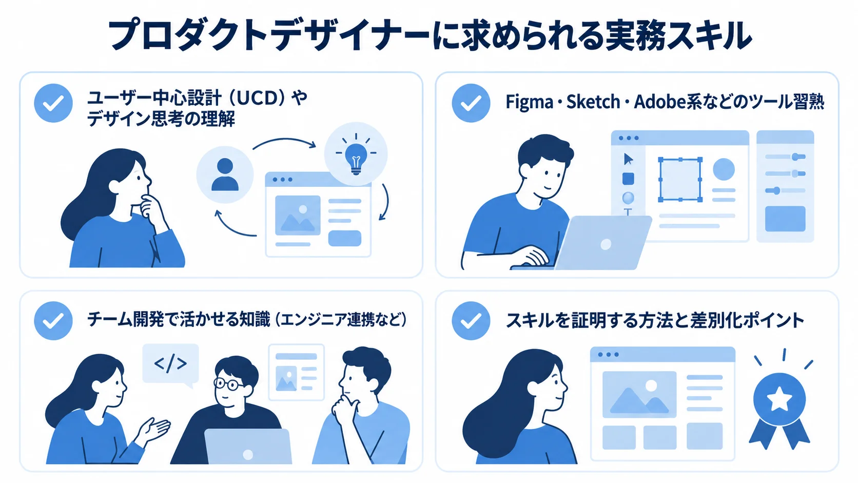 プロダクトデザイナーに求められるスキル領域の図 ユーザー中心設計、デザインツール、エンジニア連携、スキルの証明という4領域をカードで示した図。