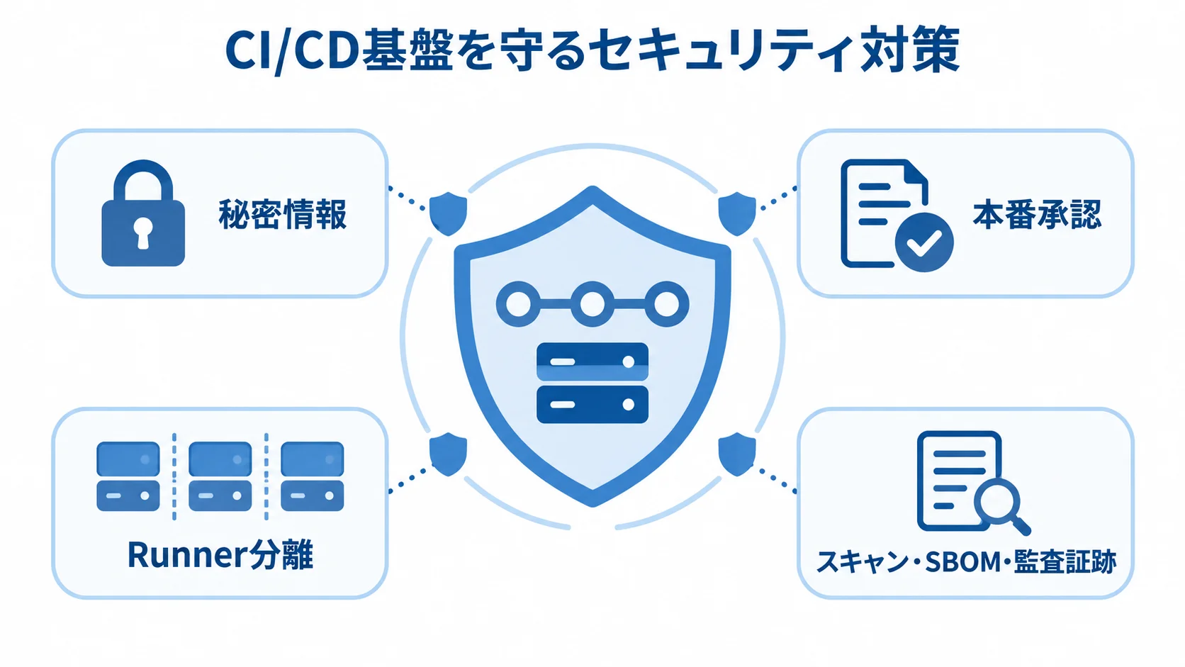GitLab CIのセキュリティ対策 CI/CD基盤の周囲に秘密情報、本番承認、Runner分離、スキャン・SBOM・監査証跡を配置した防御図