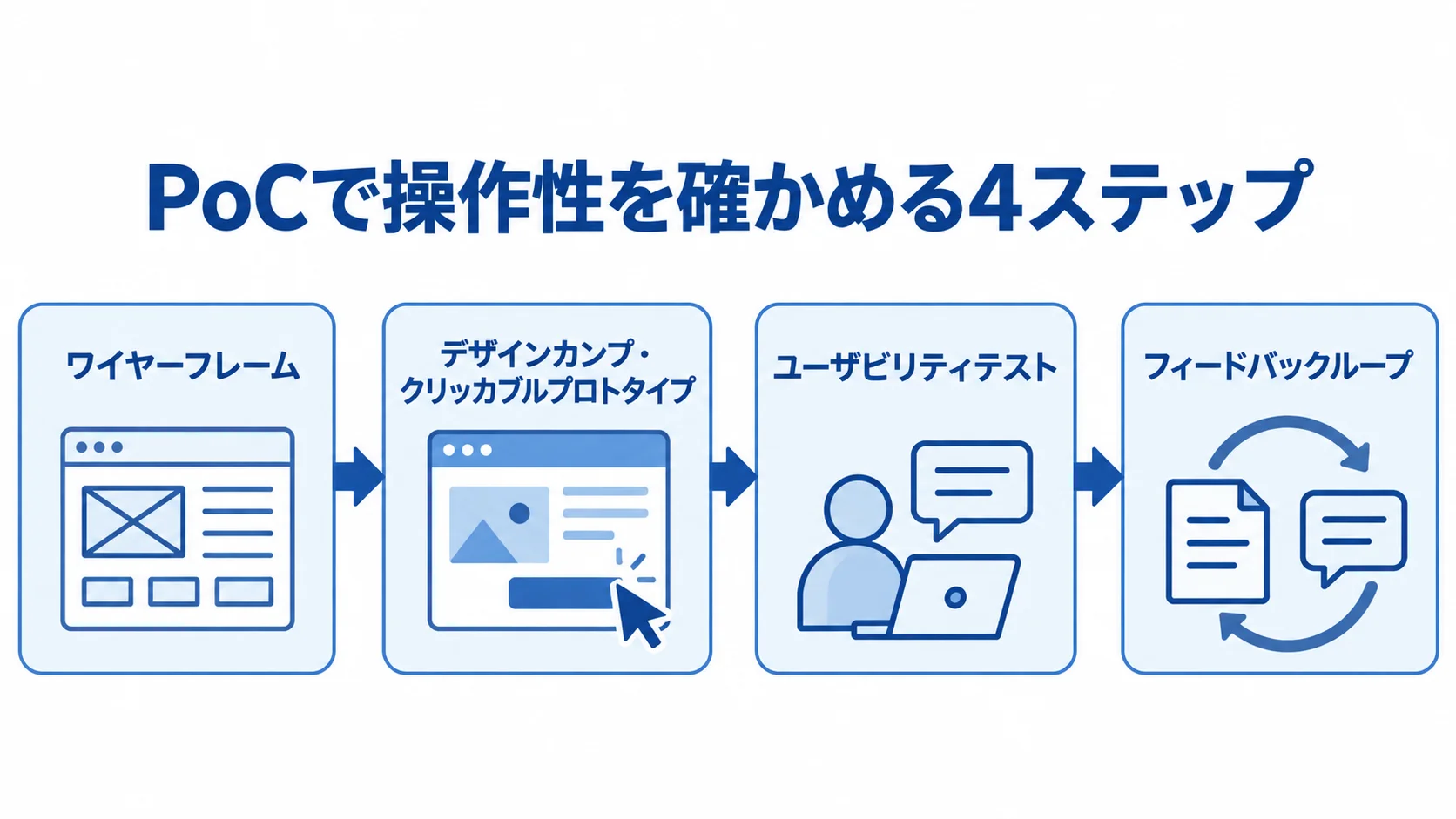 OMSリニューアルのPoC・プロトタイプ検証の4ステップ ワイヤーフレームからフィードバックループまで、PoCの4段階を矢印でつないだ図。