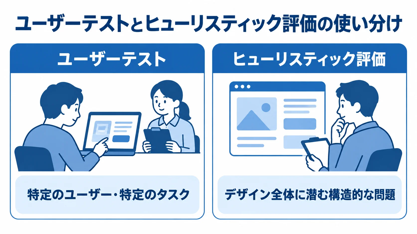 ユーザーテストとヒューリスティック評価で見つける課題を左右に比べた図解。