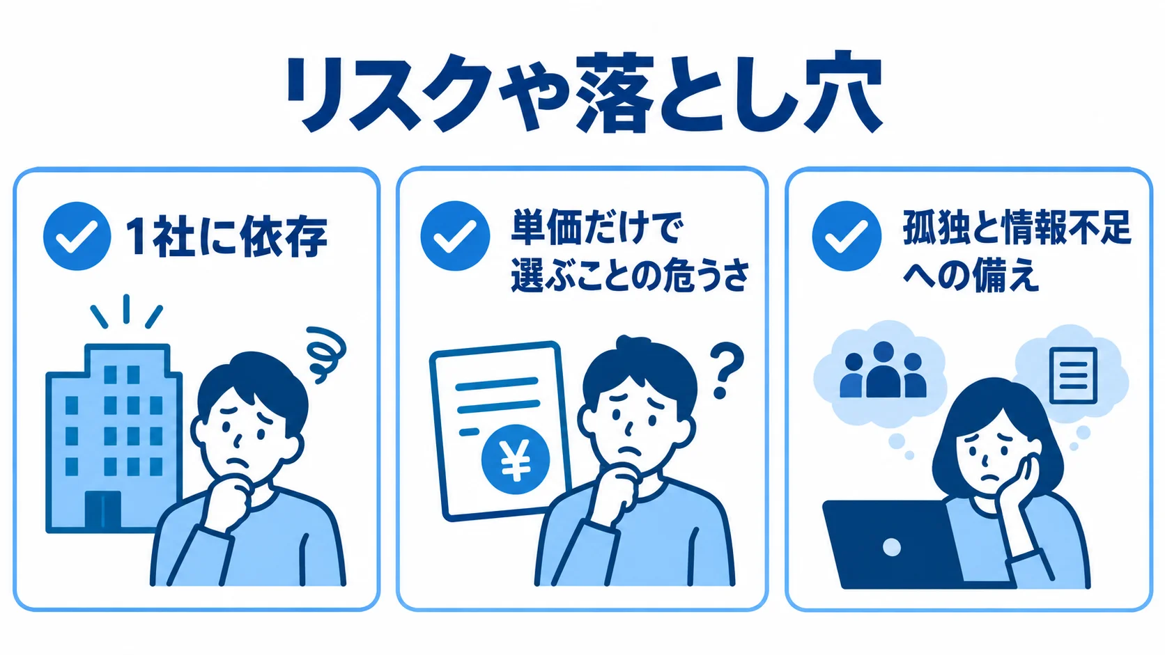 転向後の注意点として、1社に依存するリスク、単価だけで選ぶことの危うさ、孤独と情報不足への備えを3枚のカードで示す図。