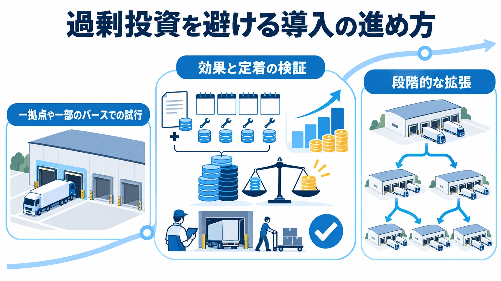 TCOを見極めてスモールスタートする導入手順 一拠点や一部のバースで試行し、効果と定着を検証してから段階的に拡張する流れ図。