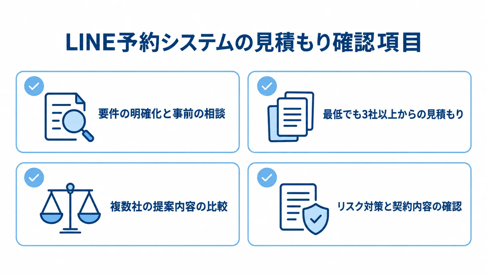 要件整理、3社以上からの見積もりと提案比較、契約内容の確認を並べたチェックリスト。