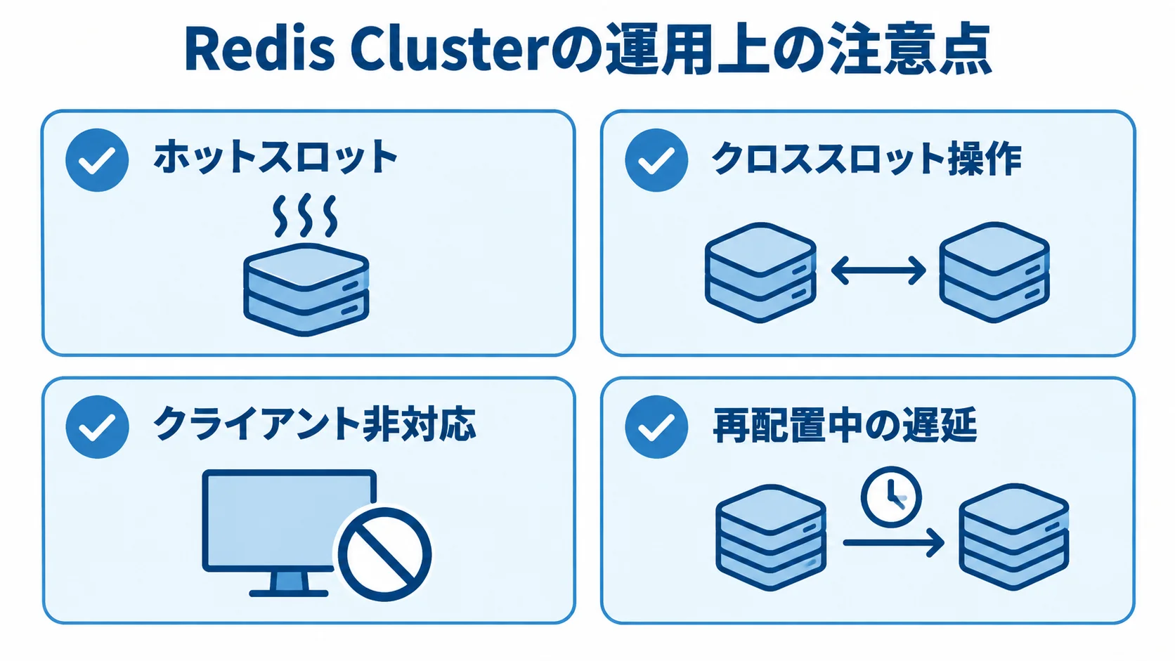 Redis Clusterで注意する運用上の問題 Redis Clusterの運用上の注意点として、ホットスロット、クロススロット操作、クライアント非対応、再配置中の遅延を示す図