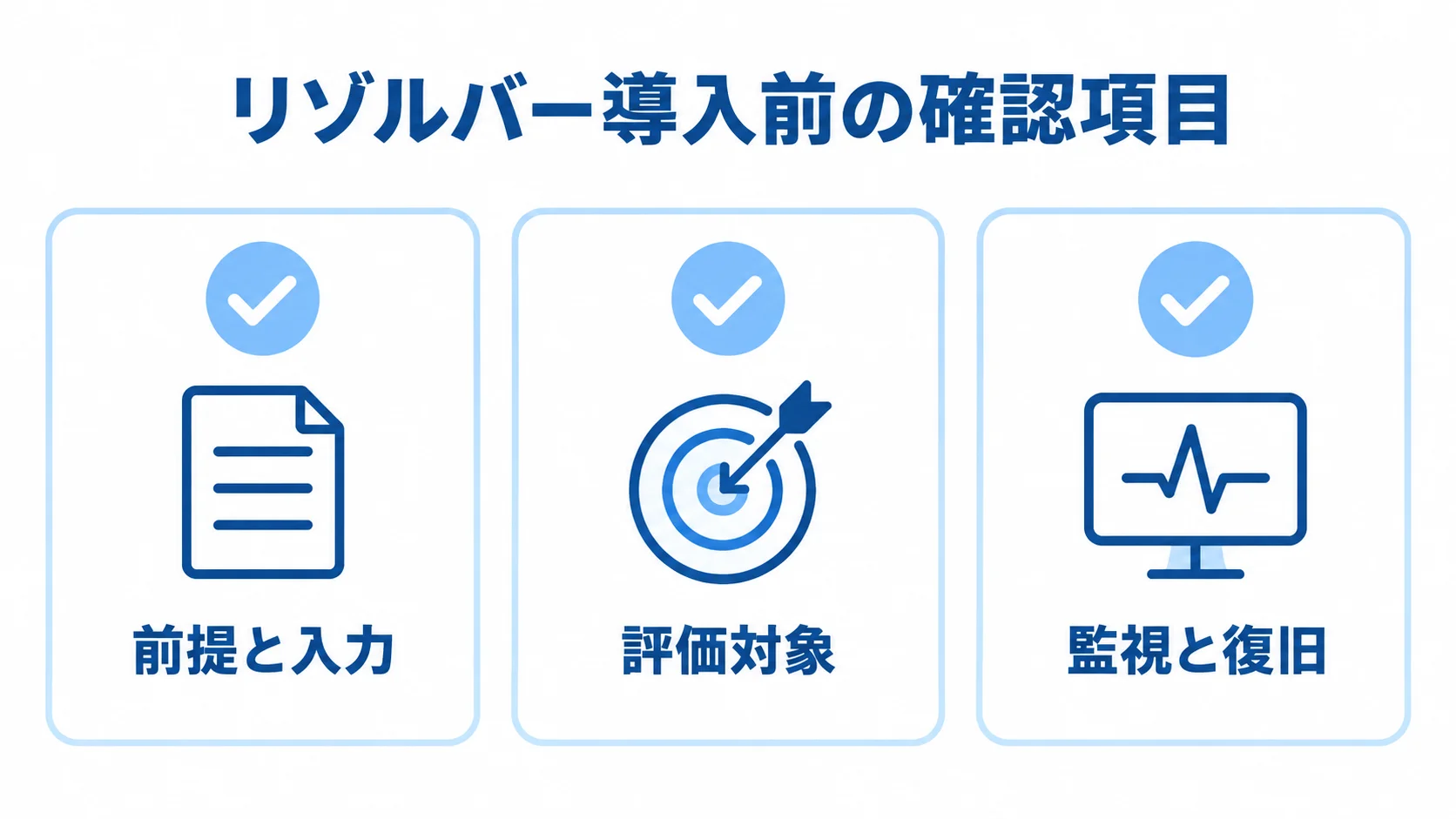 リゾルバーの失敗を防ぐ導入前チェック 前提と入力、評価対象、監視と復旧を確認するチェックリスト図