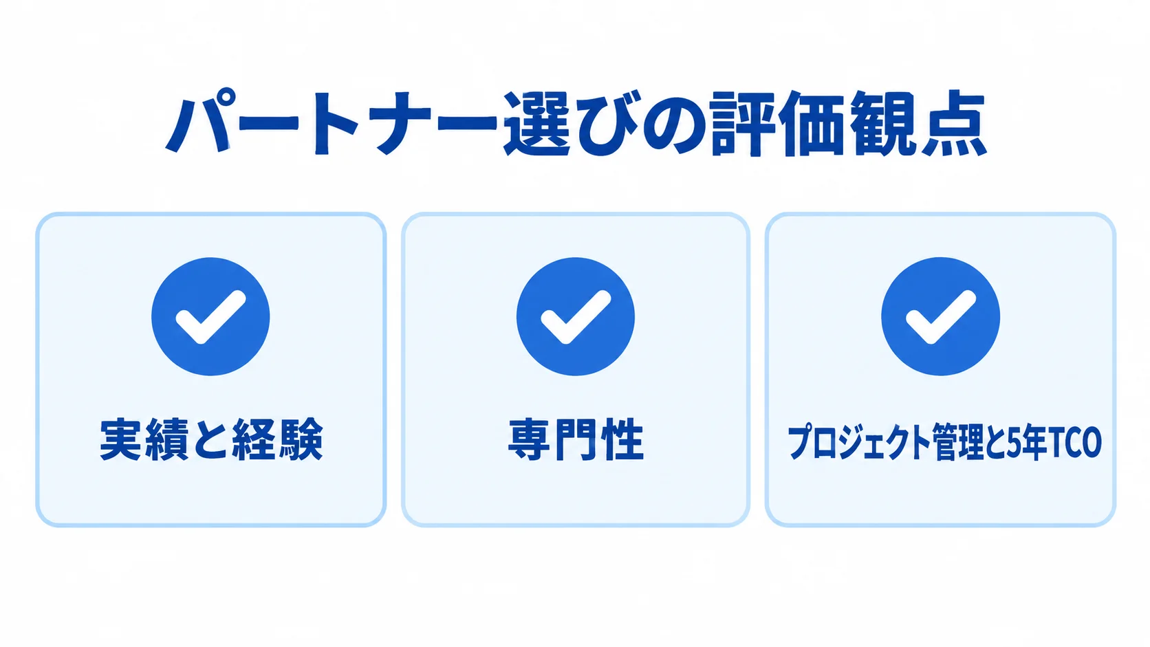 開発会社を比較する3つの評価観点を示した図。 パートナー選びの評価観点として、実績と経験、専門性、プロジェクト管理と5年TCOを並べた図。
