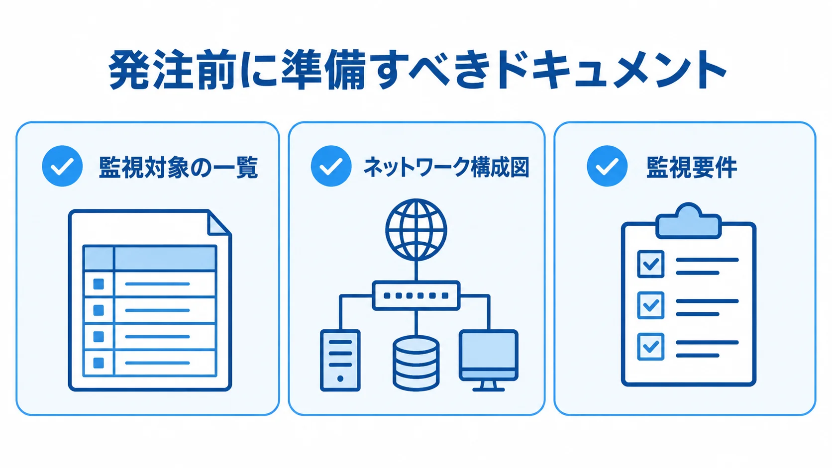 死活監視の発注準備資料 発注前にそろえる監視対象の一覧、ネットワーク構成図、監視要件のチェックリスト