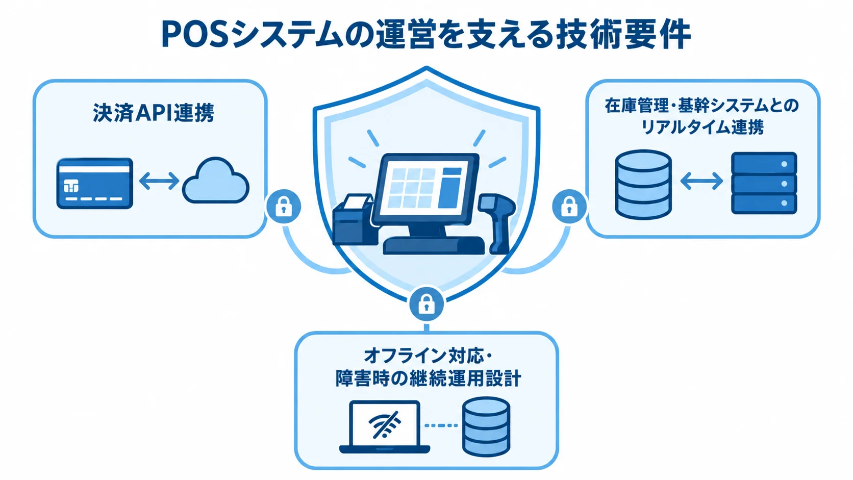 POS開発で押さえる3つの技術要件 POSシステムの運営を支える技術要件として、決済API連携、在庫管理・基幹システムとのリアルタイム連携、オフライン対応・障害時の継続運用設計を示した図。