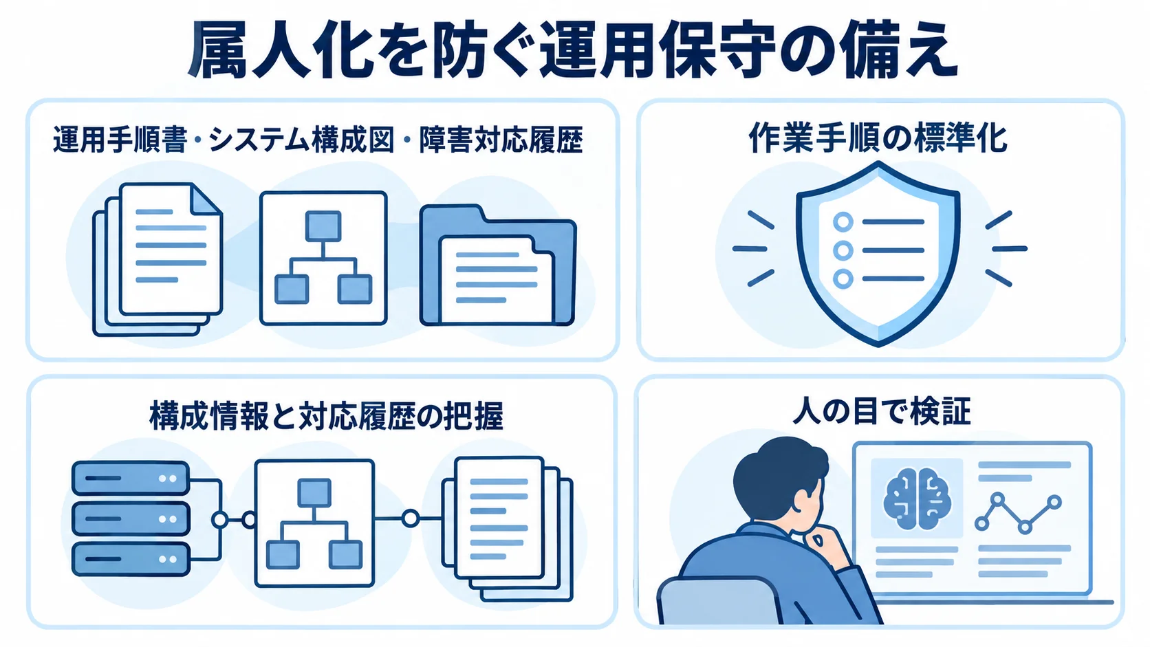 ドキュメント、作業手順、構成情報、AI解析の人による検証を並べた図解