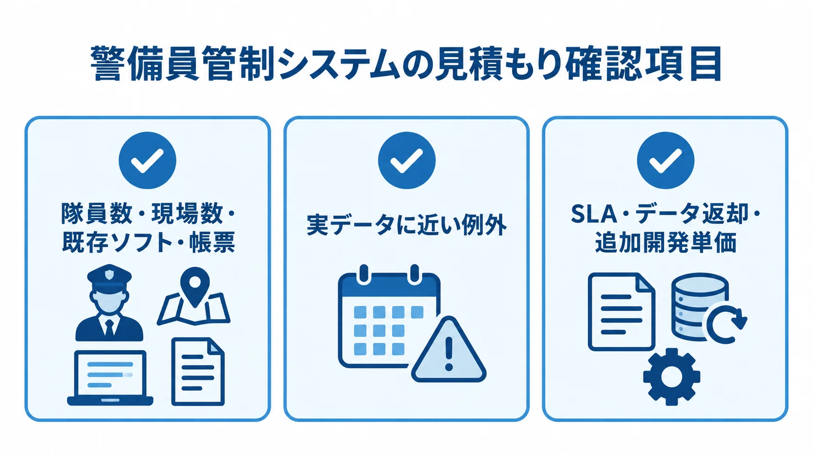 見積もり時に確認する3つの項目 見積もり時に共有する情報、デモで試す例外、契約に入れる条件を示した3項目のチェックリスト。