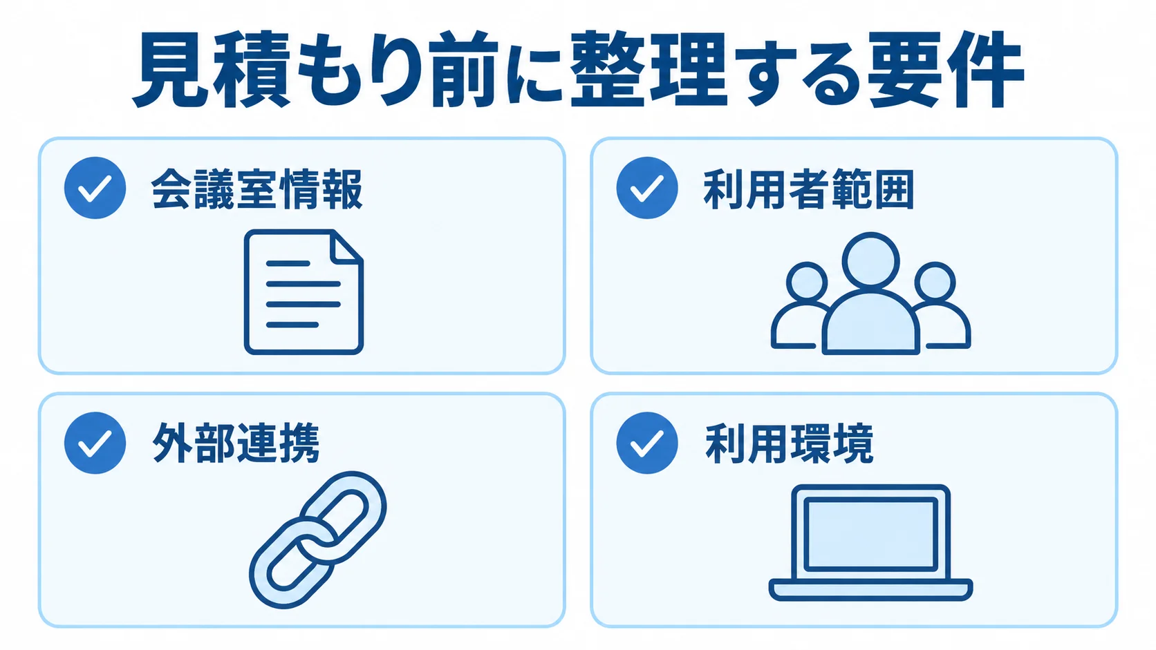 会議室予約システムの見積もり準備 見積もり前に整理する会議室情報や利用者範囲など4項目のチェックリスト