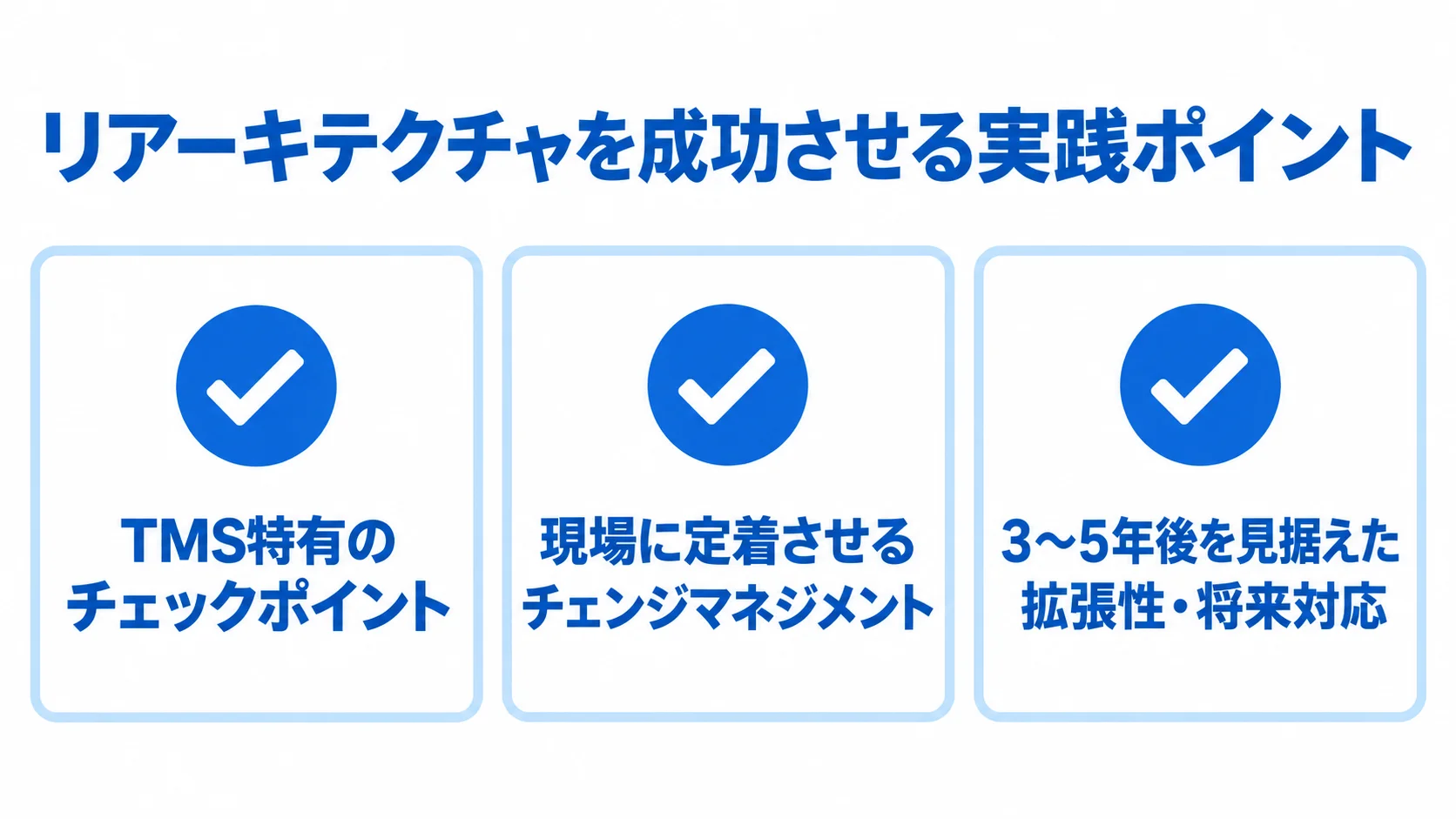 リアーキテクチャの実践で見る3つの視点 TMS特有の要件、現場への定着、将来の拡張性を並べた図