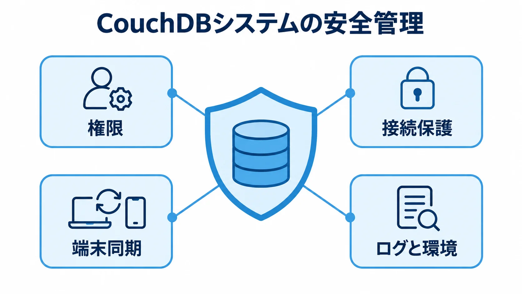 CouchDBのセキュリティと運用の確認項目 CouchDBシステムを中央に置き、権限、接続保護、端末同期、ログと環境で囲んだ図解。