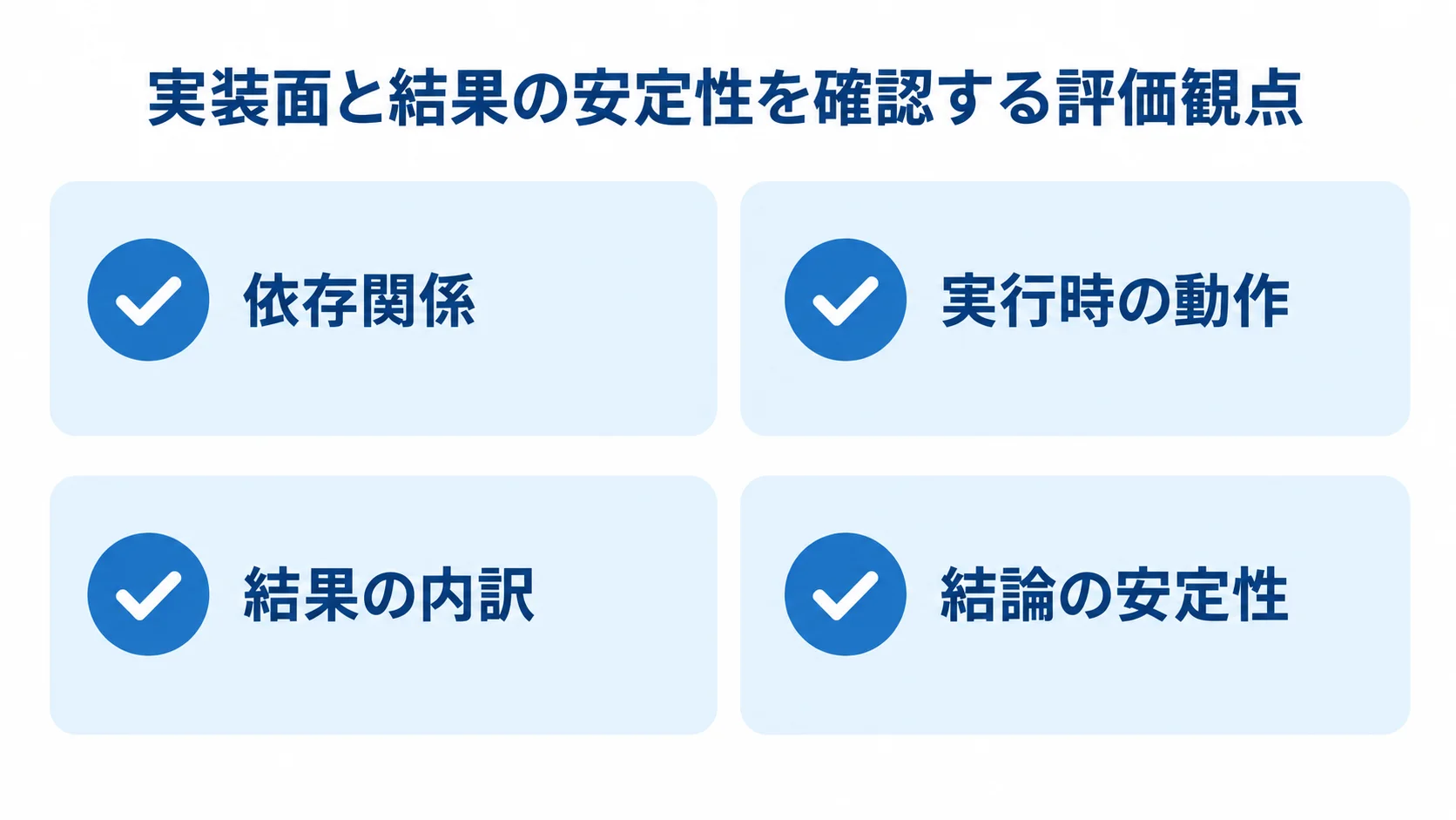 依存関係、実行時の動作、結果の内訳、結論の安定性という4つの評価観点を並べた図解。