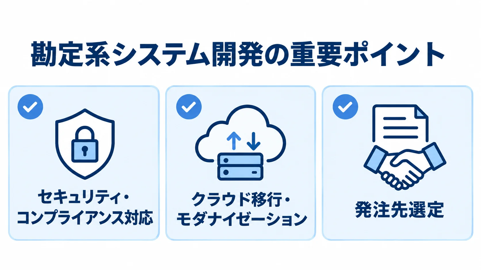 勘定系システム開発で押さえる3つの論点 勘定系システム開発の重要ポイントとして、規制とセキュリティ、クラウド移行、発注先選定を並べた図。