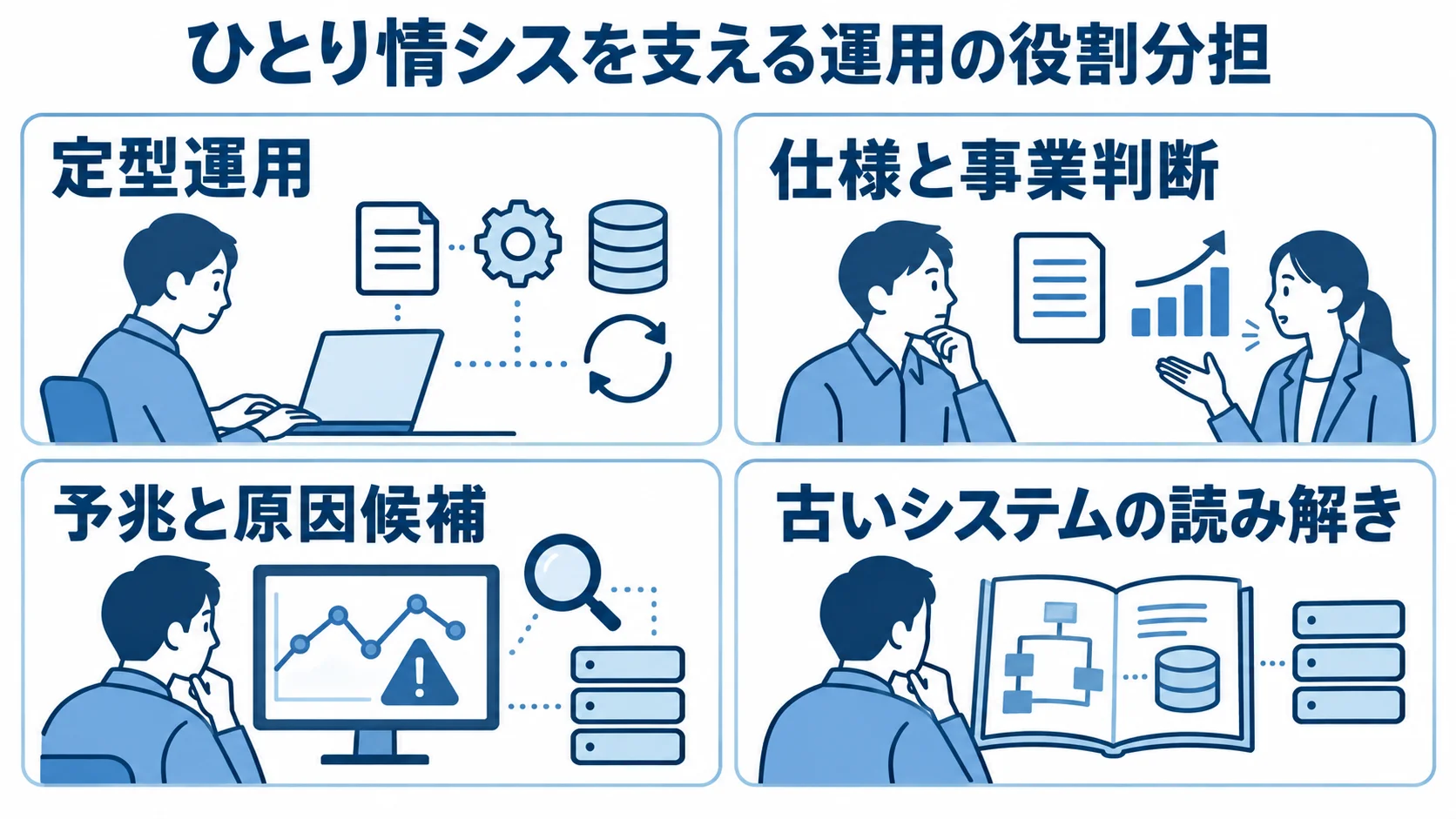 定型運用、仕様と事業判断、予兆と原因候補、古いシステムの読み解きを4枚のパネルで示す図。