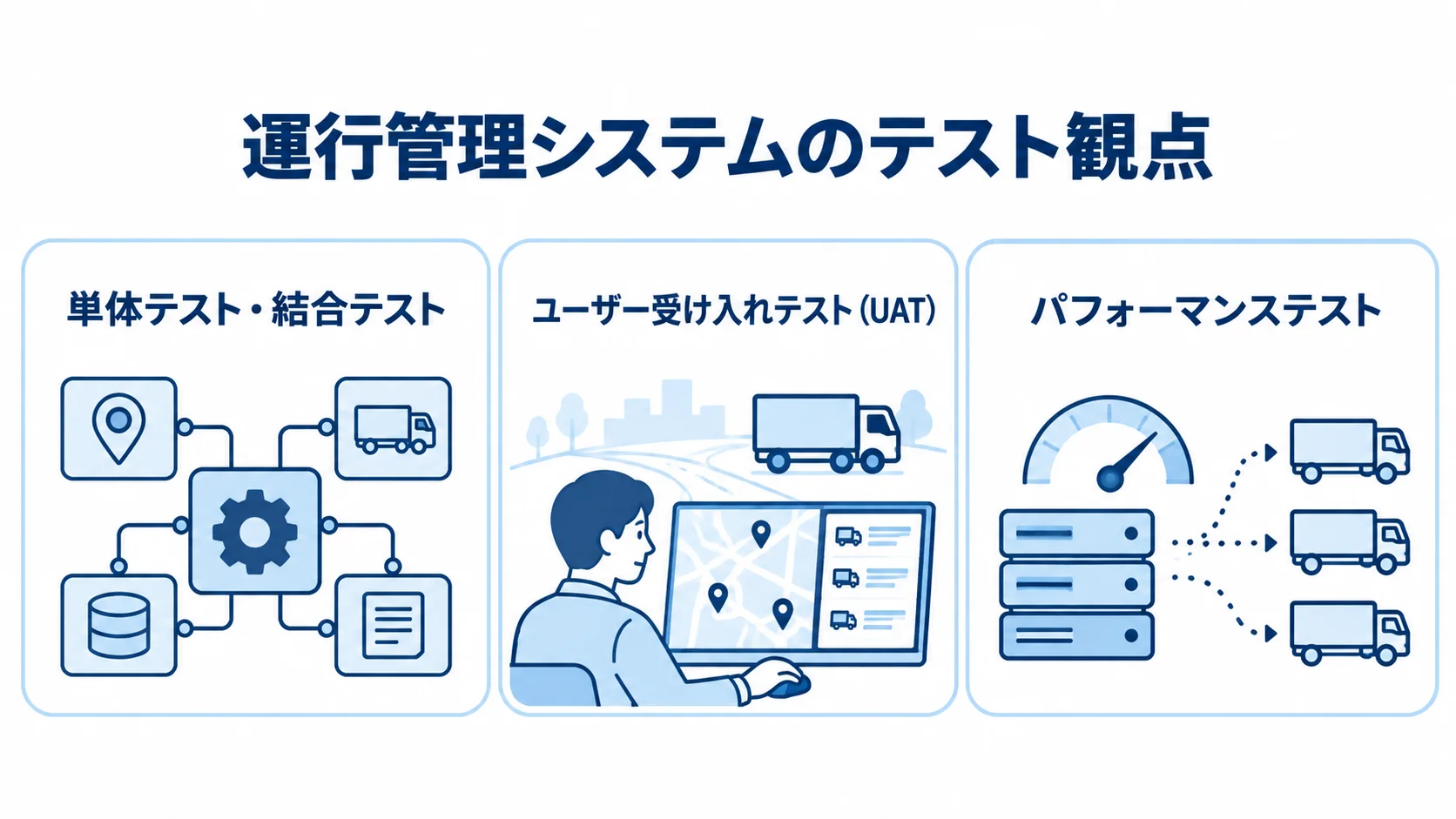 運行管理システム開発で確認するテストの種類 運行管理システムの単体・結合、受け入れ、パフォーマンステストを分けた図