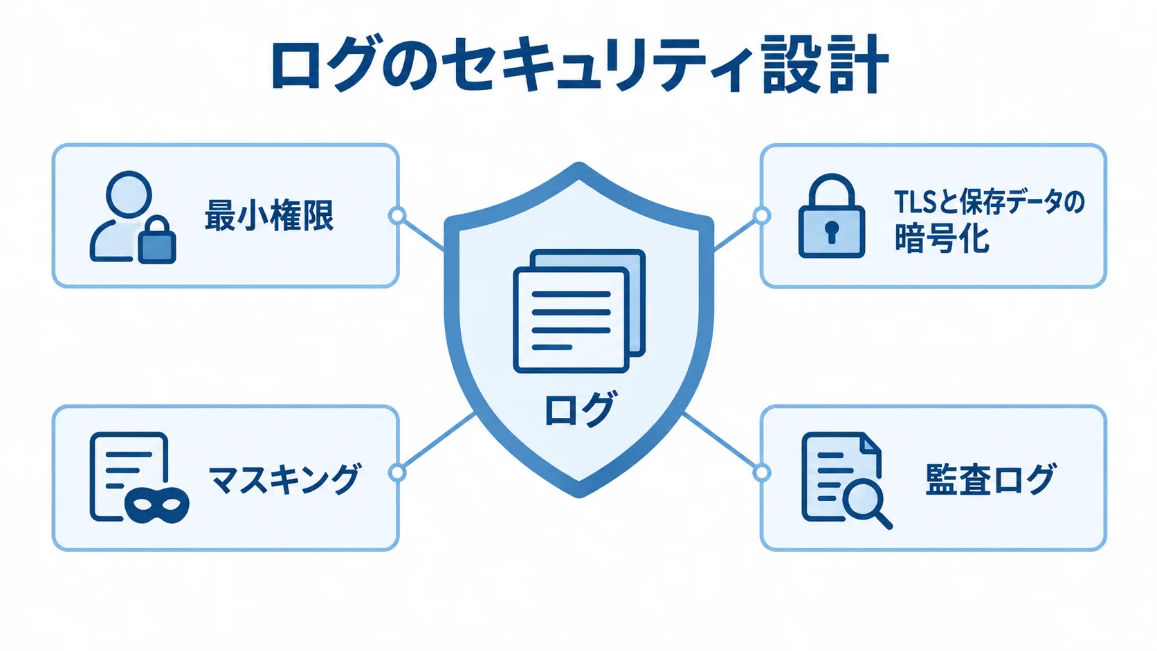 ログを守る権限・暗号化・監査の設計 ログを中央に置き、最小権限、暗号化、マスキング、監査ログで囲んだセキュリティ設計の図解。