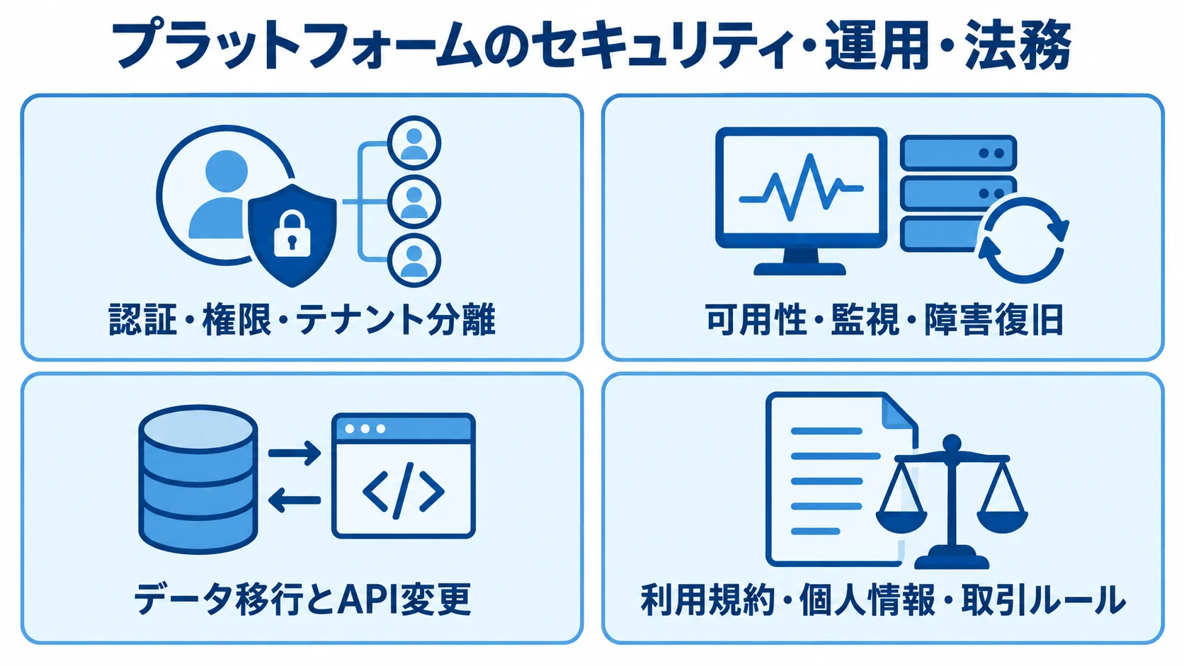 プラットフォーム設計で確認するセキュリティ・運用・法務の領域 プラットフォーム設計の4領域として、権限分離、障害復旧、データ移行とAPI変更、利用規約と取引ルールを並べた図。