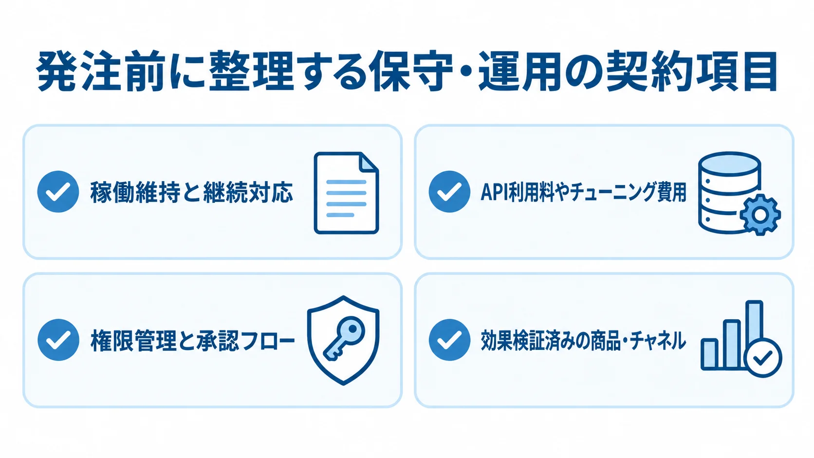 保守範囲、費用区分、権限管理、段階展開に関する4つの確認項目を並べた図解。