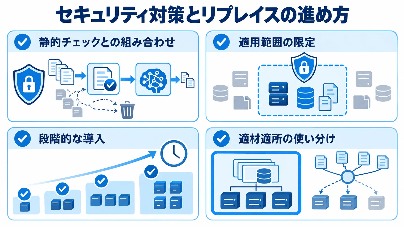 セキュリティ対策とGraphQLリプレイスの確認項目を示す図解 静的チェックとの組み合わせや段階的な導入など、セキュリティ対策とリプレイスの進め方を示す図解。