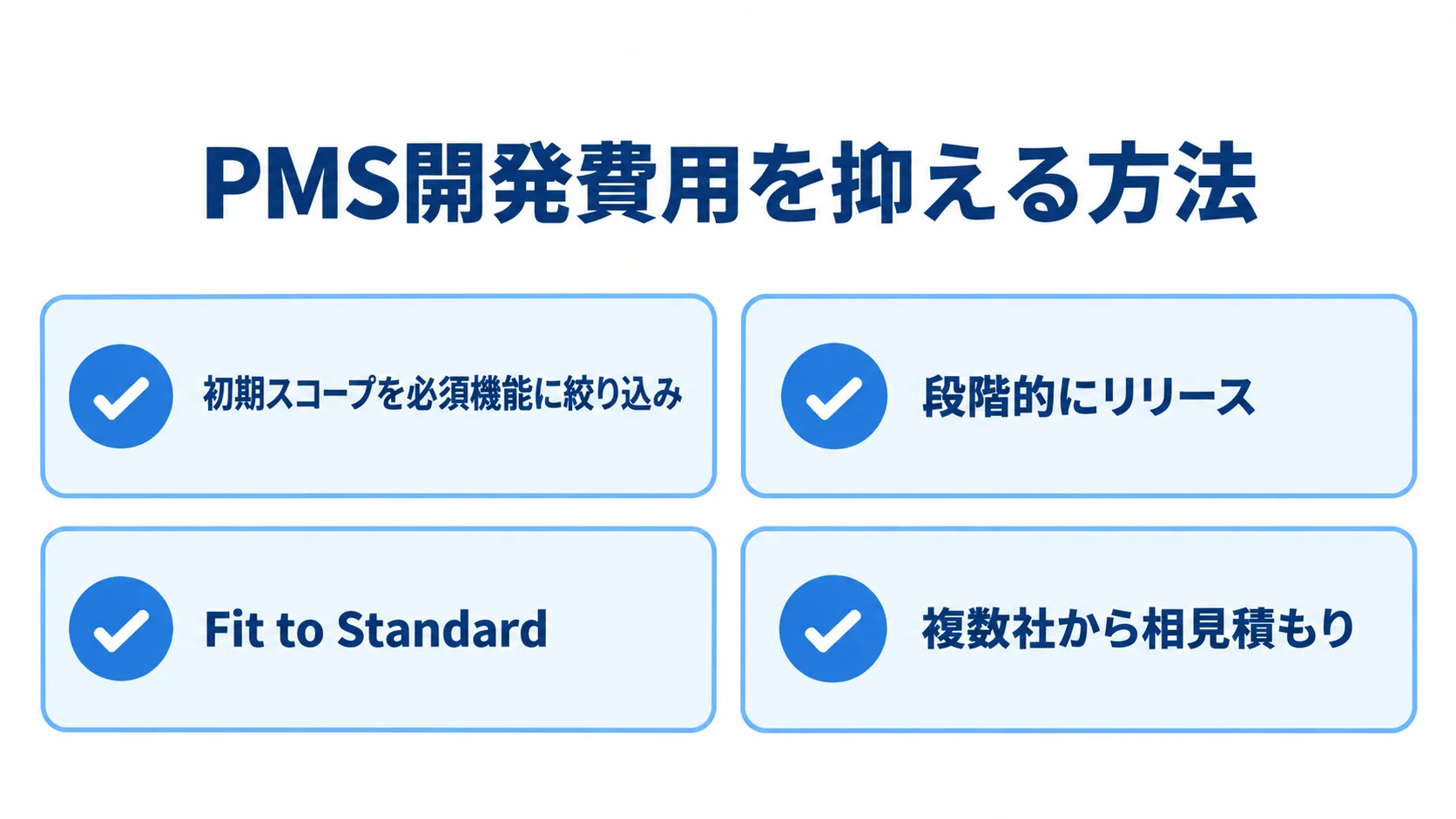 初期スコープやリリース方法など、PMS開発費用を抑える方法の図。 PMS開発費用を抑える4つの方法をチェックカードで整理した図解。