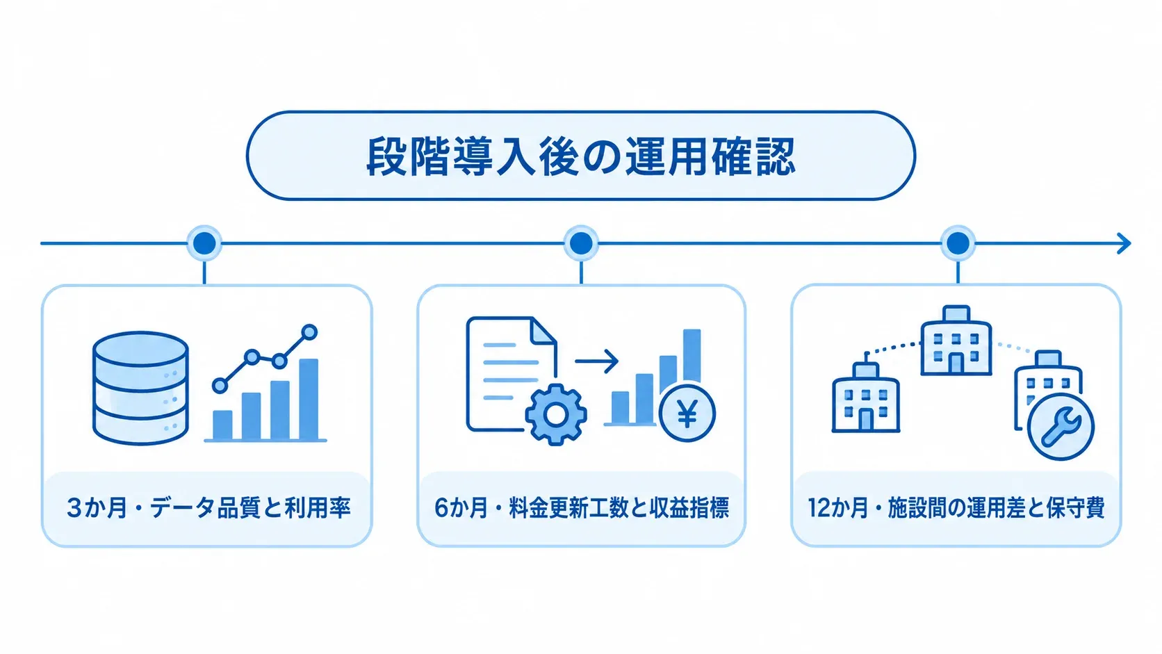 段階導入後の3か月、6か月、12か月に確認する内容を並べた時系列図