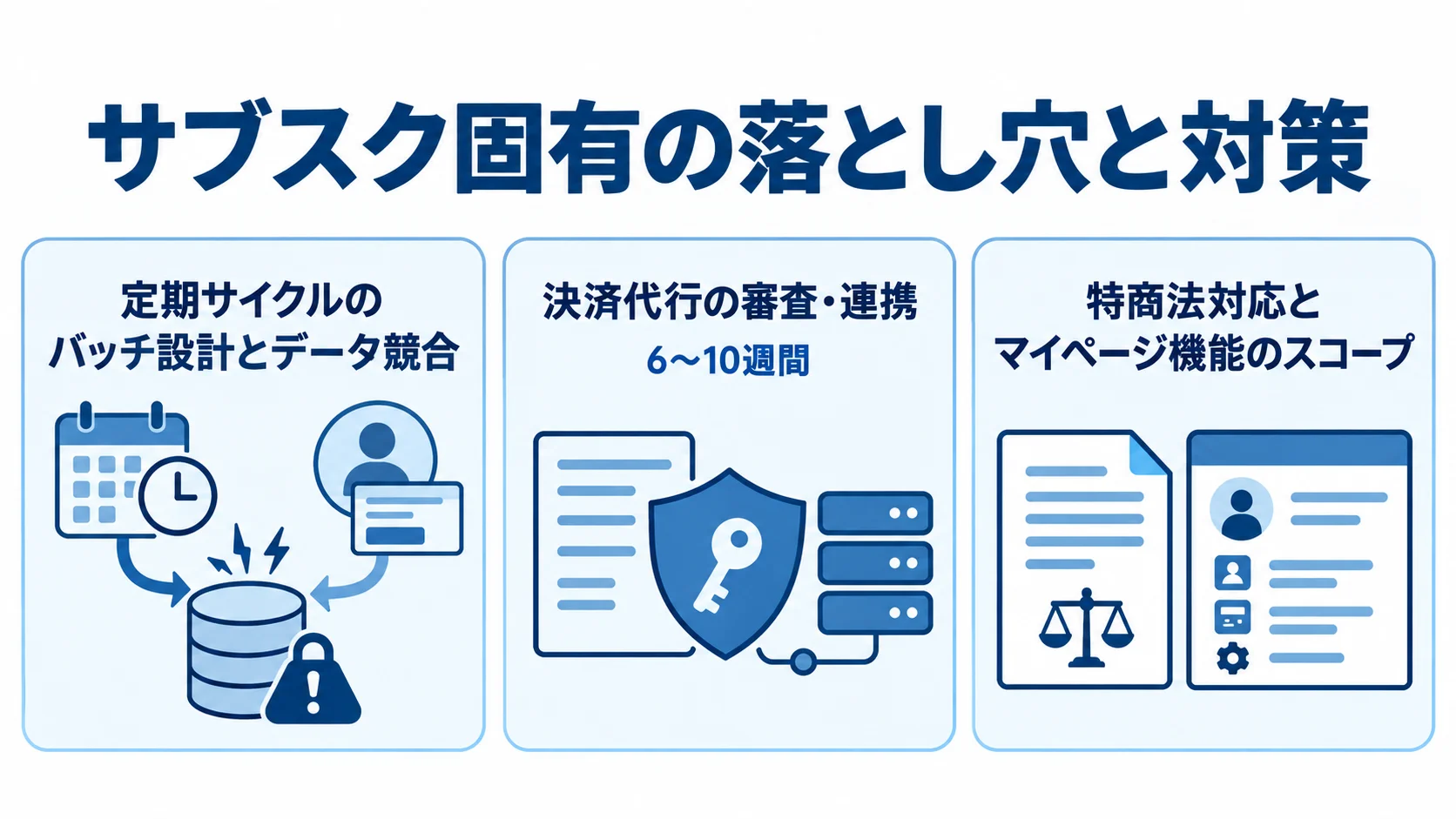 サブスク固有の落とし穴と決済導入の目安 バッチ設計とデータ競合、決済審査、特商法対応とマイページ機能の3論点を並べた図。決済導入の目安は6〜10週間