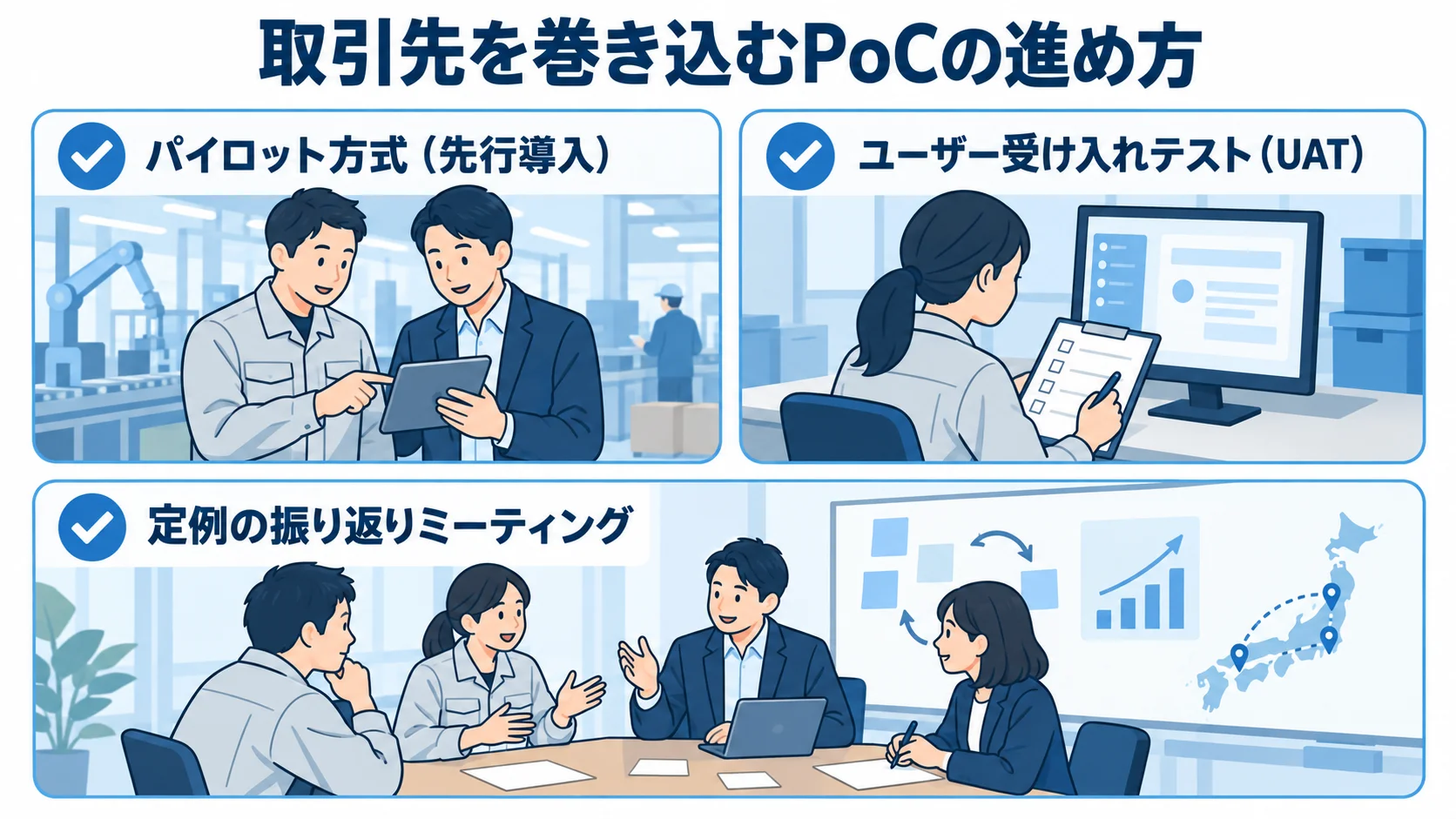 取引先を巻き込んだPoCの確認工程 取引先が参加するPoCのパイロット導入、ユーザー受け入れテスト、振り返りを示した図解