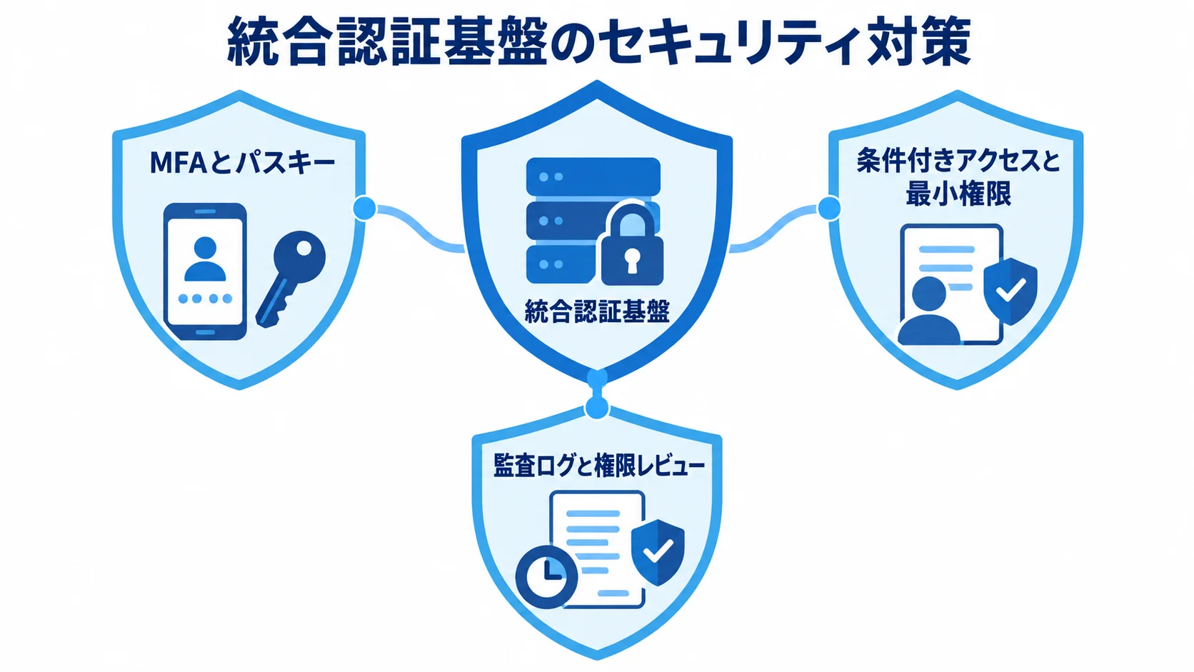 統合認証基盤を支えるセキュリティ対策 統合認証基盤を中央に置き、MFAとパスキー、条件付きアクセスと最小権限、監査ログと権限レビューで囲む図。