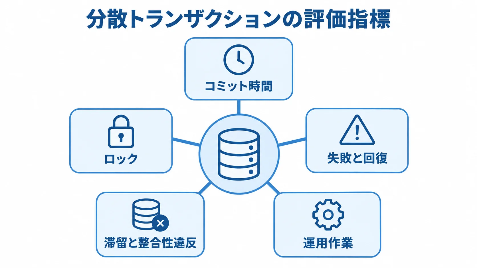 分散トランザクションの評価指標を示す図 分散トランザクションの評価指標として、コミット時間、ロック、失敗と回復、滞留と整合性違反、運用作業を並べた図。