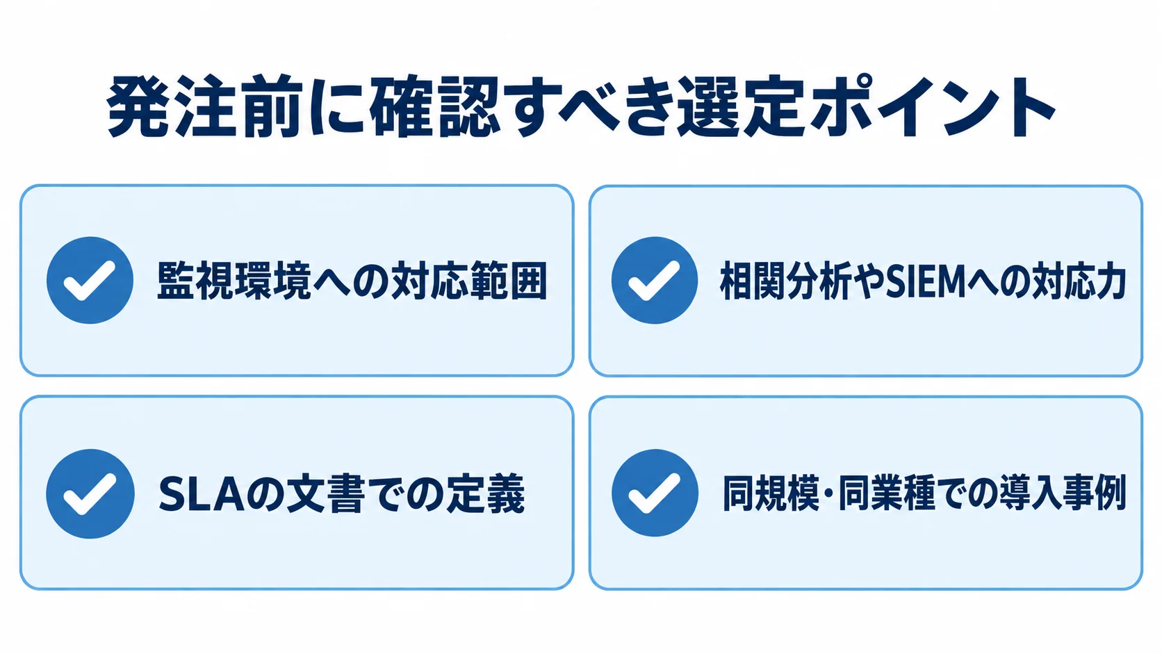 ログ監視の委託先選定で確認する4項目 委託先の監視環境への対応範囲、SIEM対応、SLA、導入事例を並べた確認項目図