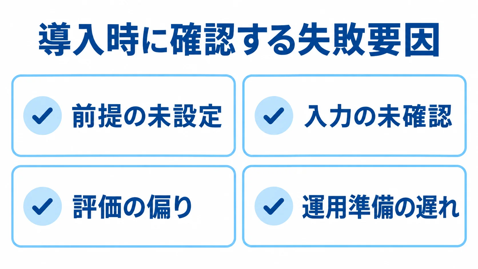 オーバーレイネットワークの導入時に注意する失敗要因 前提の未設定、入力の未確認、評価の偏り、運用準備の遅れという4つの失敗要因を並べた図。
