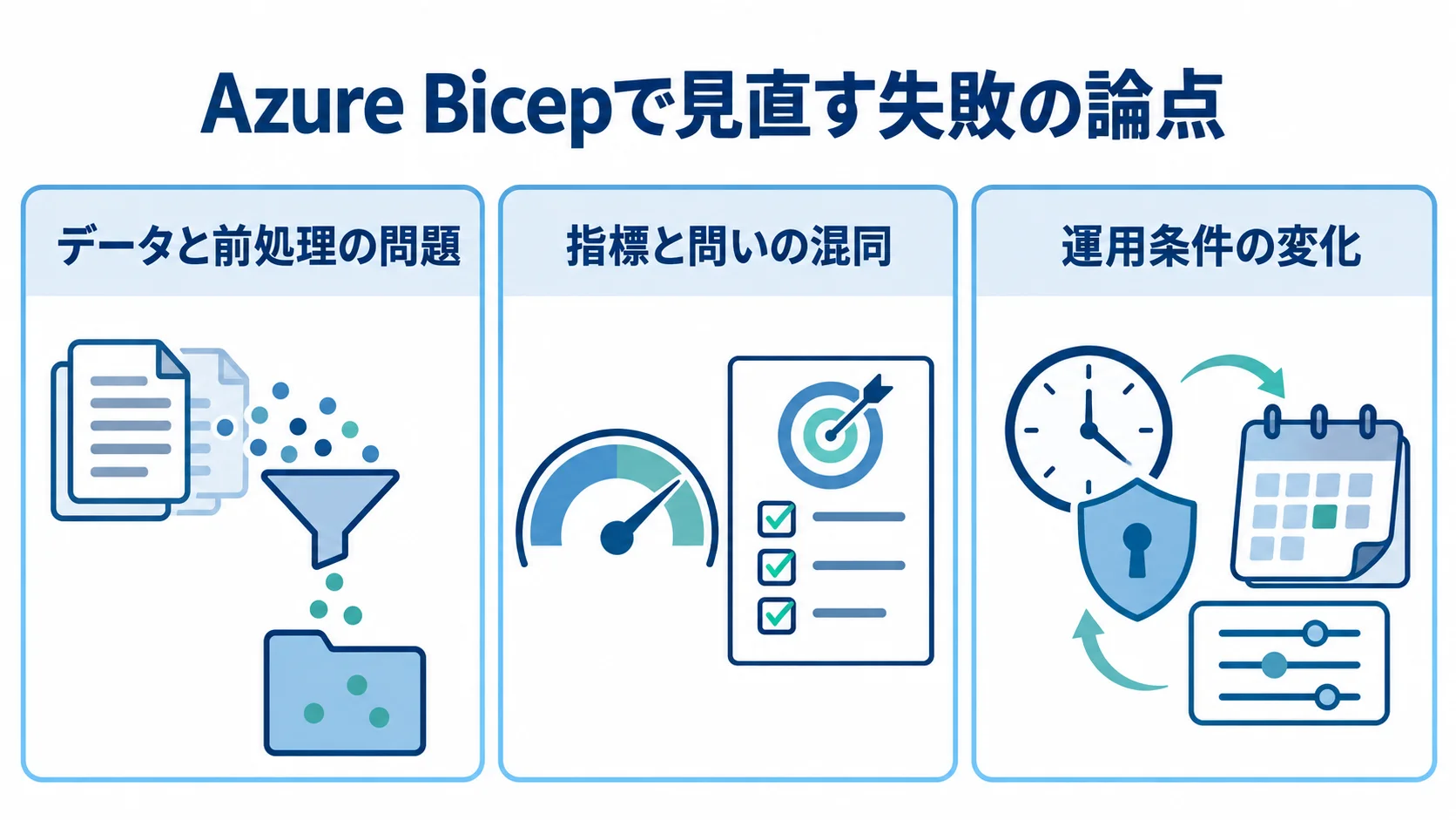 Azure Bicepで確認する失敗の3論点 Azure Bicepで注意する論点を、データと前処理、指標と問い、運用条件の変化の3パネルで示す図。